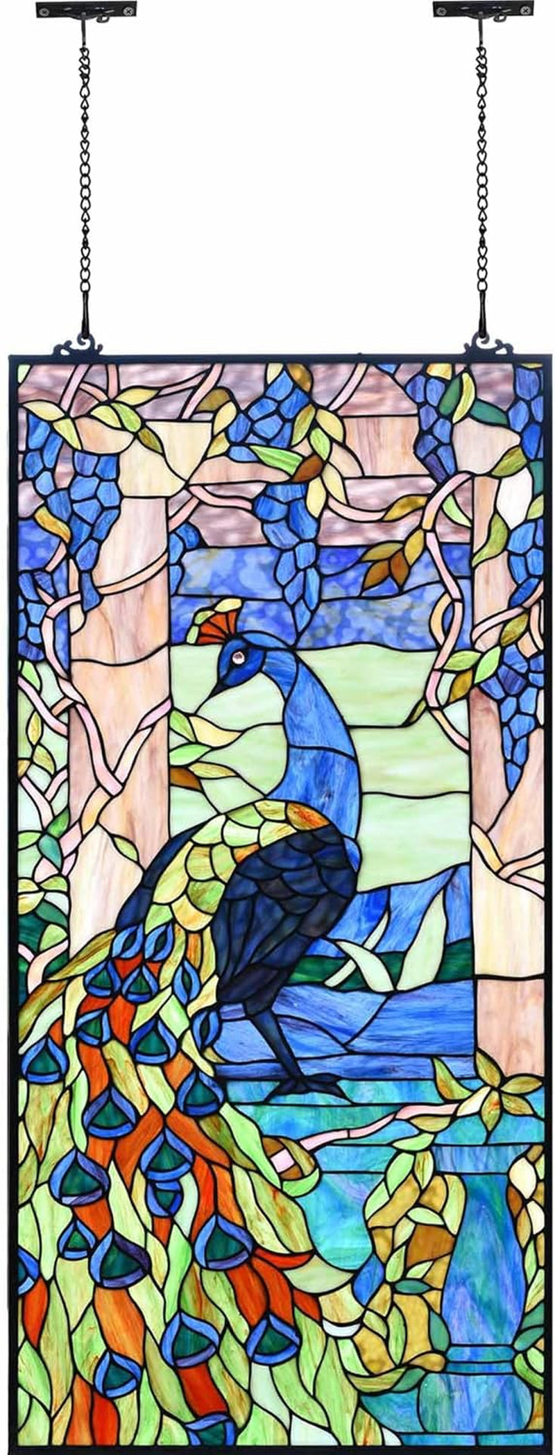 Stunning Peacock in Garden Tiffany Style Stained Glass Window Panel - Elegant Home Decor (Blue, 19.5"Wx40.5"H)