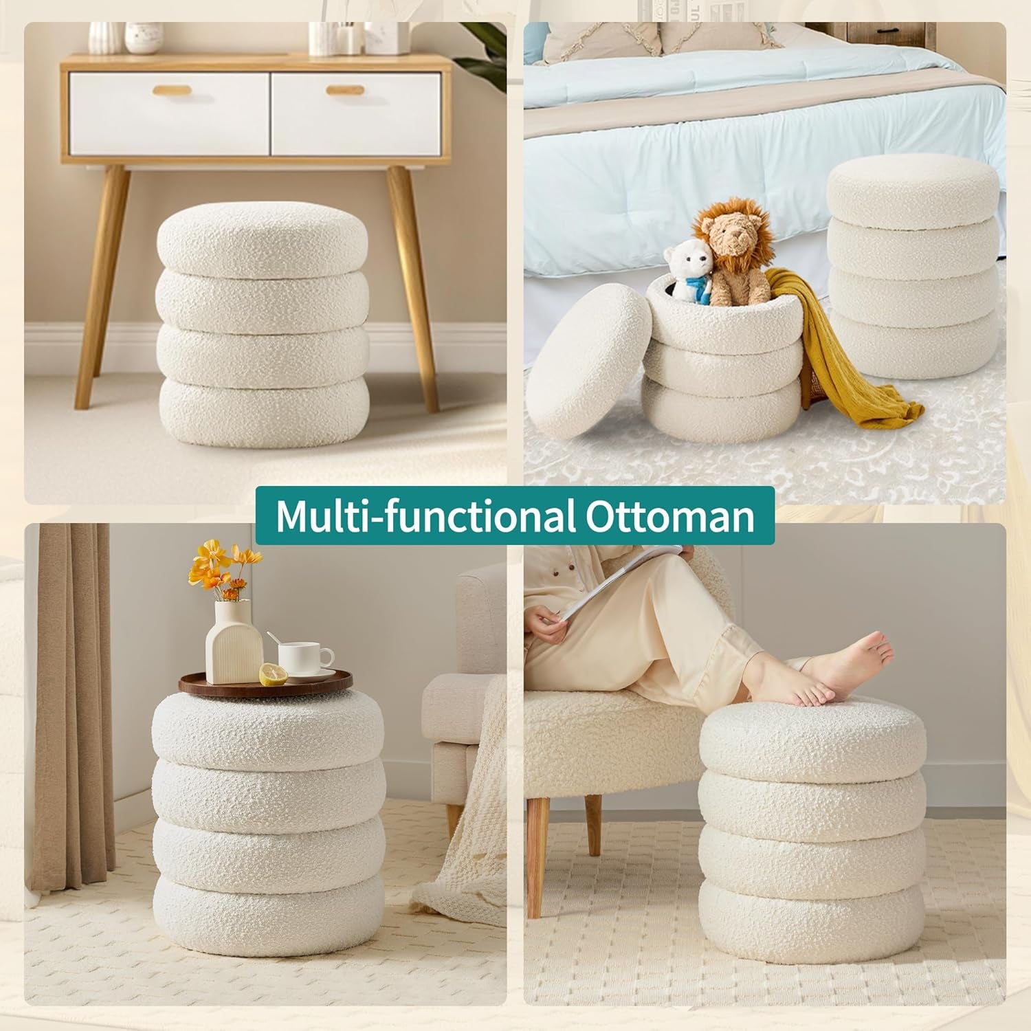 Set of 2 Modern White Round Storage Ottomans – Stylish Upholstered Foot Stools for Living Room, Dorm or Home Decor