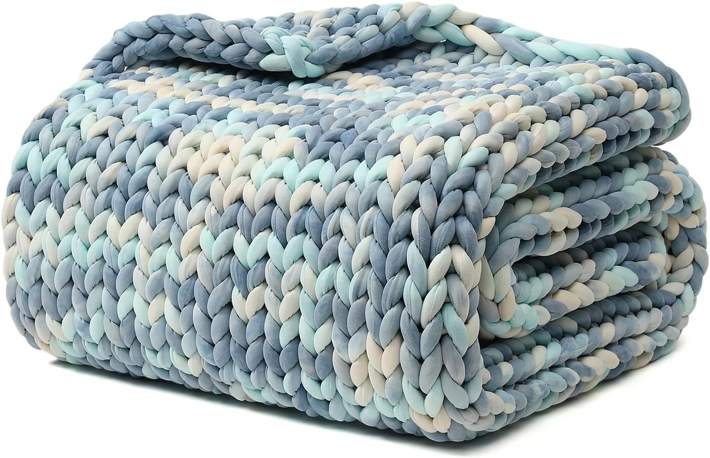 Handmade Chunky Knitted Weighted Blanket - Cozy Light Blue Tie-Dyed Throw (60"x80", 20lbs) - Temperature Regulating & Machine Washable for Sleep & Home Decor