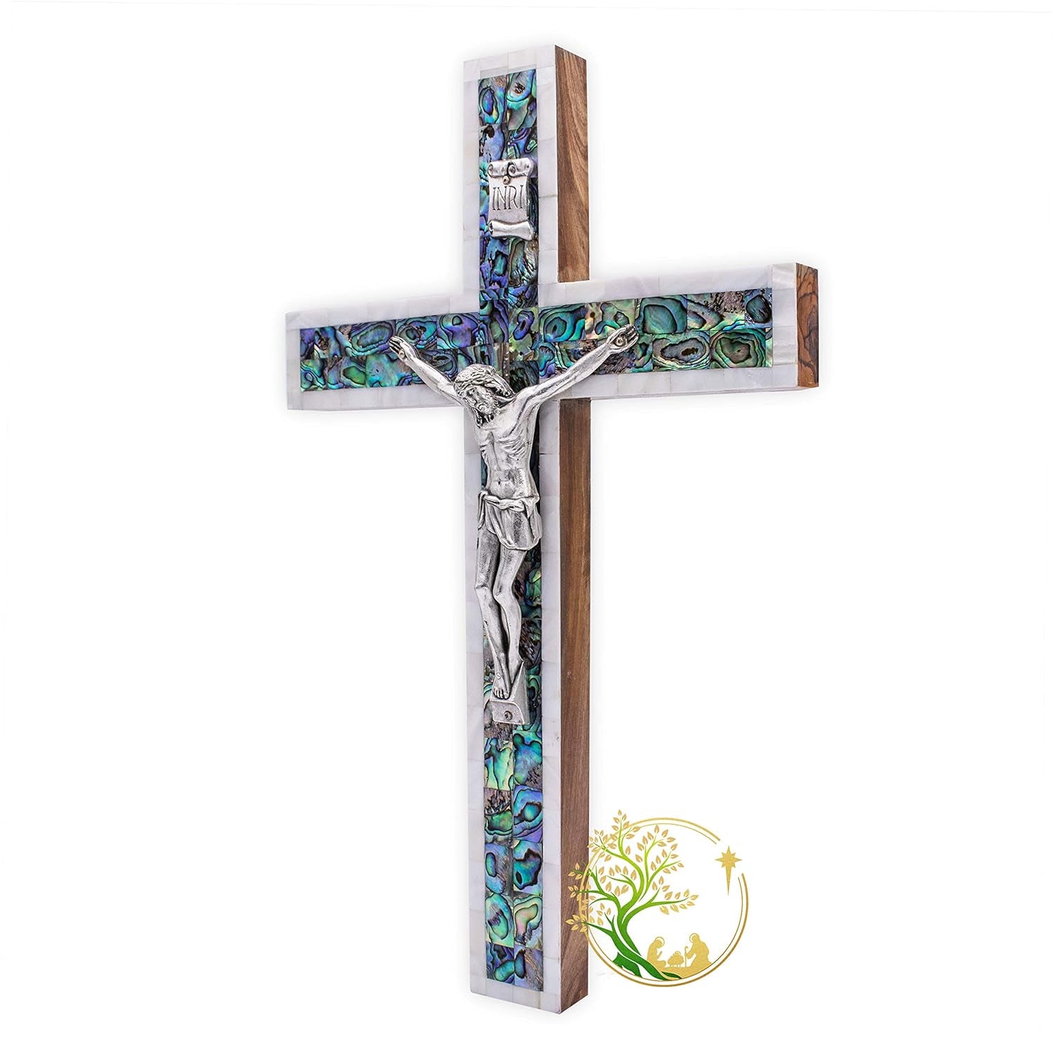 Stunning Extra Large Olivewood Crucifix with Mother of Pearl Inlay - Perfect Religious Wall Décor & Meaningful Gift for All Occasions