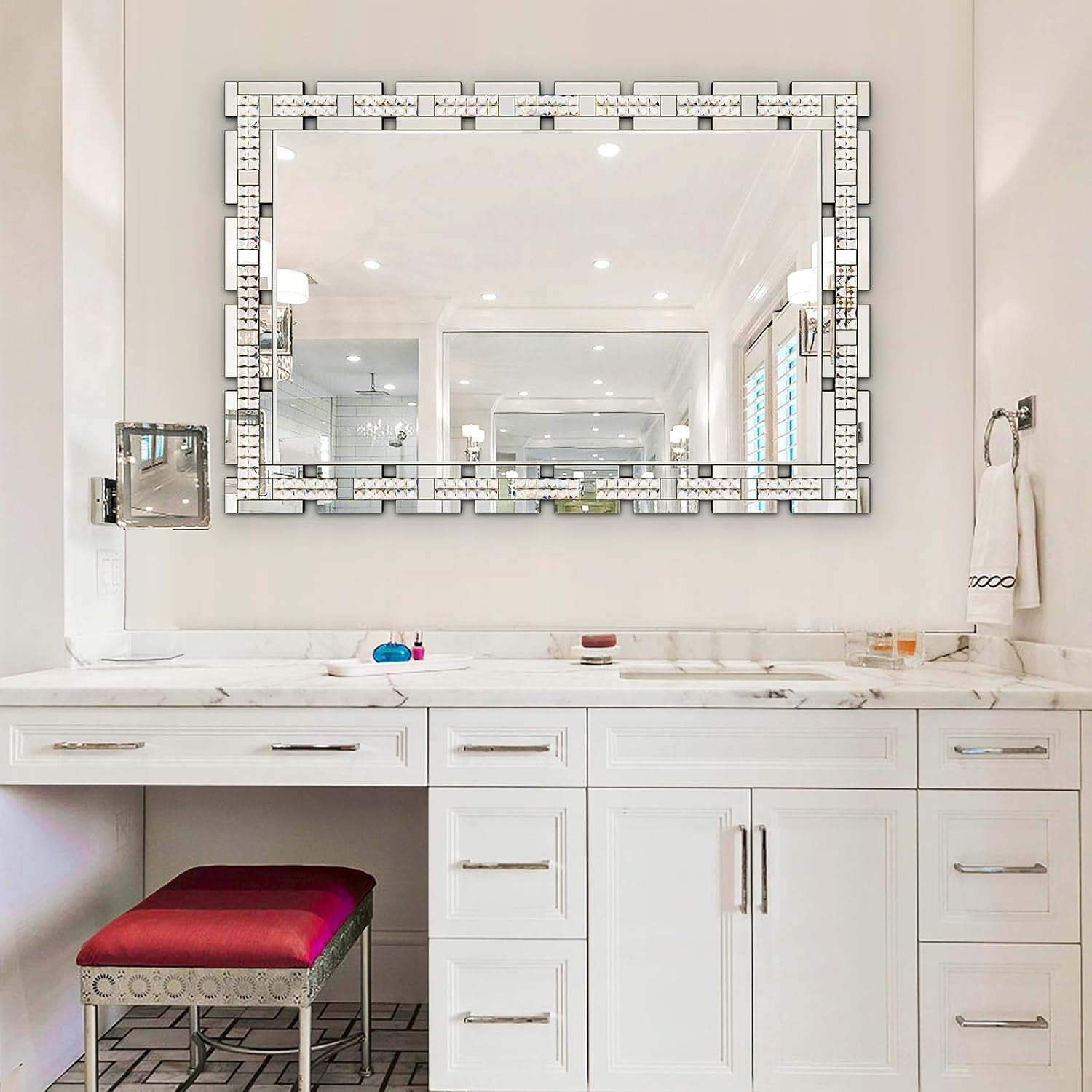 Stunning 32" X 47" Large Beveled Edge Wall Mirror with Crystal Frame - Modern Decorative Accent for Living Room, Home Office, and Entryway