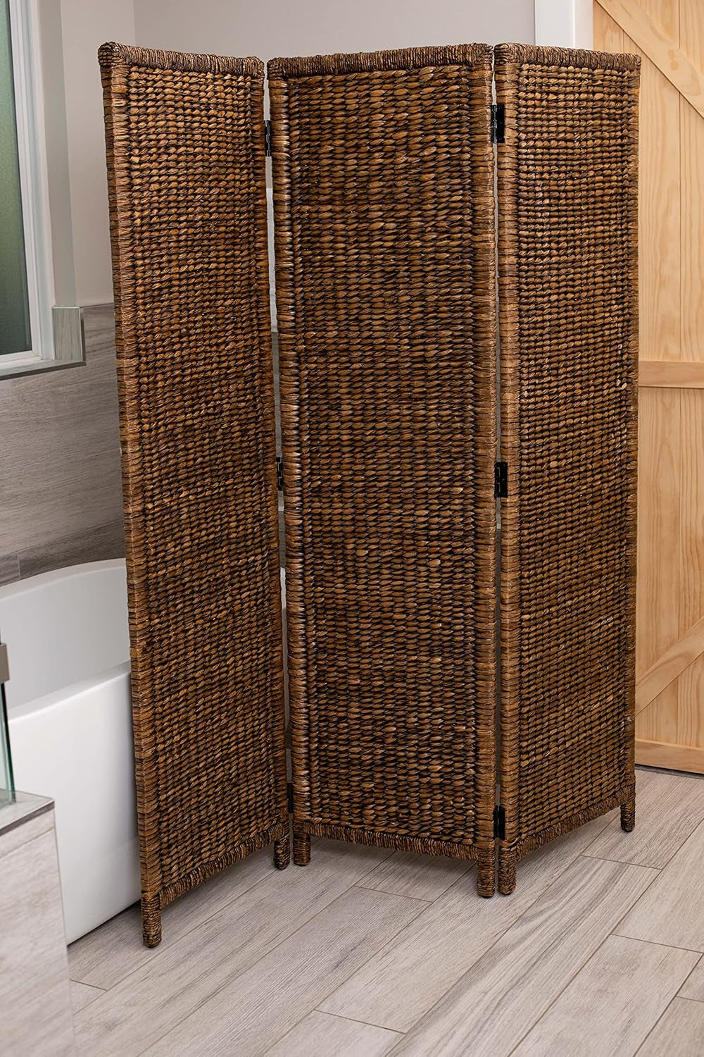 Elegant 3 Panel Seagrass Room Divider - Hand Woven Abaca - Stylish Folding Partition Screen in Brown Wash - Perfect Home Decor Accent