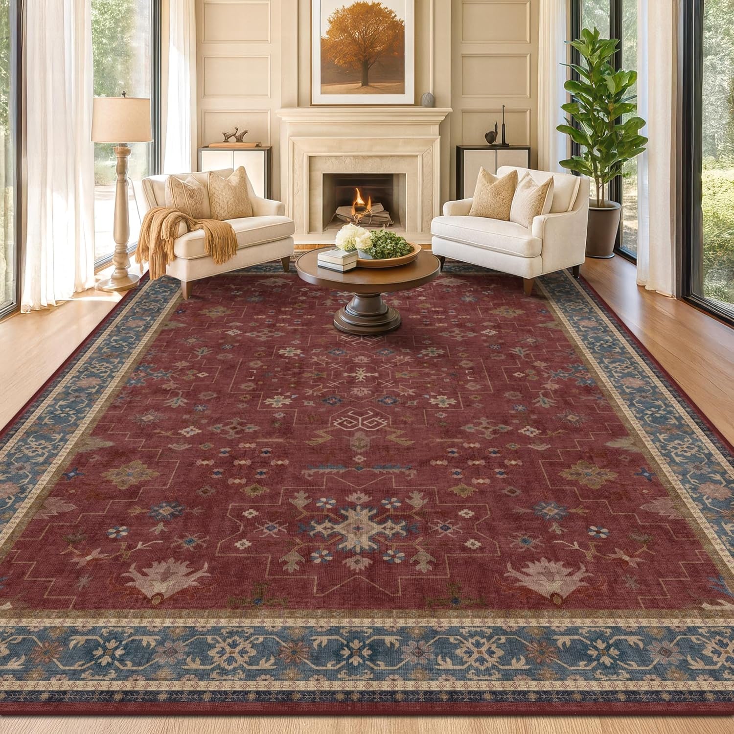 Luxurious Dark Red Moroccan Area Rug - 10x14 Lightweight, Washable, and Foldable for Living Room, Bedroom, and Dining Room Décor