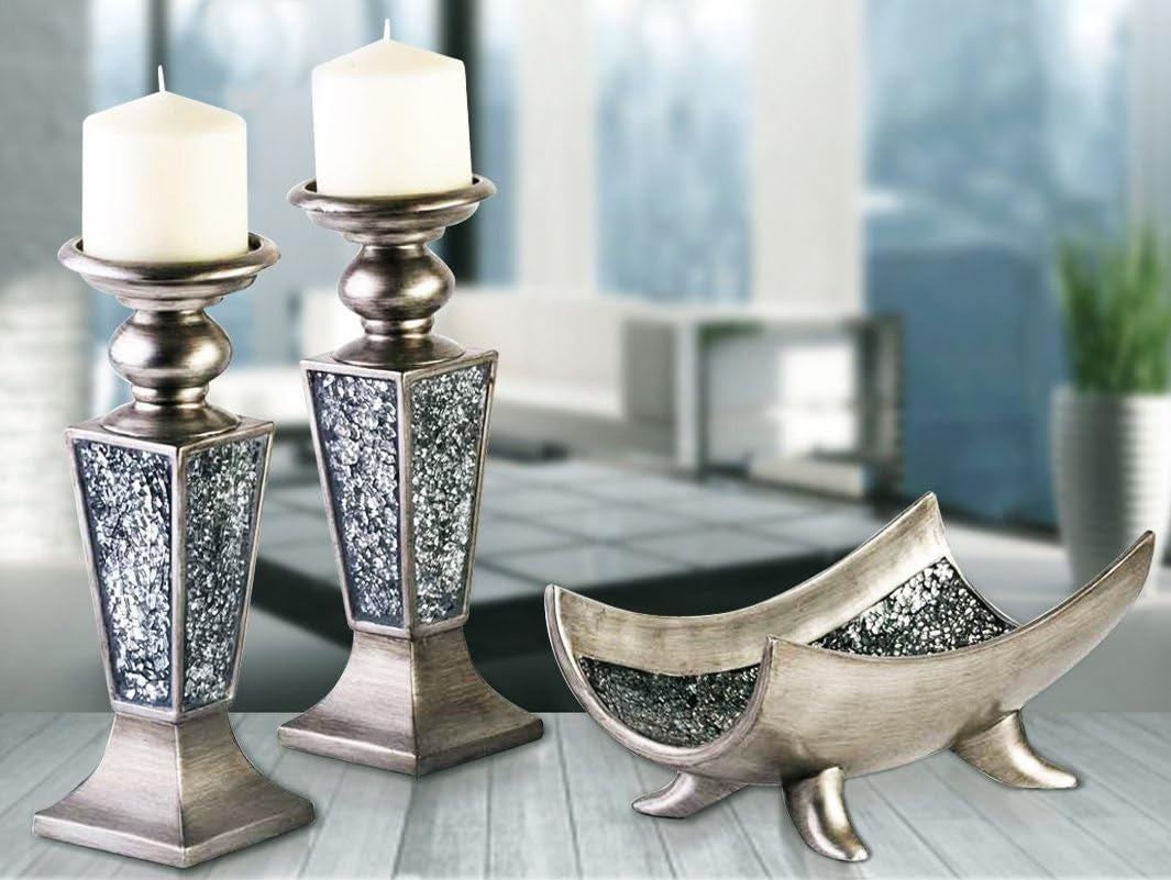 Schonwerk Silver Pillar Candle Holder Set of 2 - Crackled Mosaic Design - Elegant Centerpiece for Living and Dining Rooms - Ideal Coffee Table Decoration and Gift