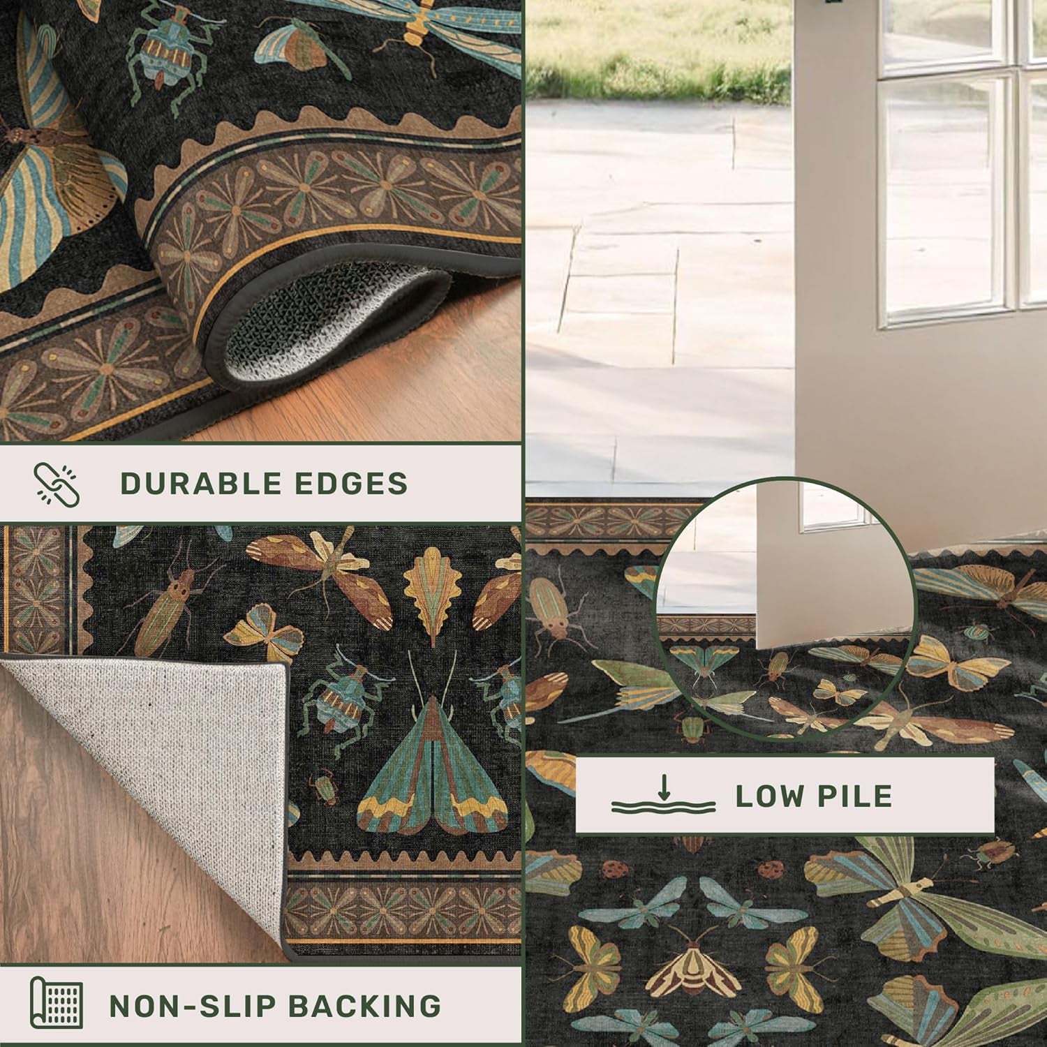 Luxurious Large Black Area Rug - Soft & Stain Resistant 9x12 for Living & Dining Rooms, Unique Insect Bug Home Décor, Perfect Under Bed Addition