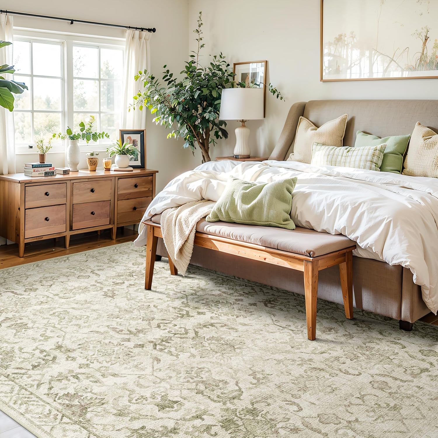 Sage Green Extra Large 10x14 Area Rug - Distressed Floral Print, Washable & Anti-Slip Soft Accent Rug for Living Room, Dining Room, Bedroom, and Farmhouse Decor