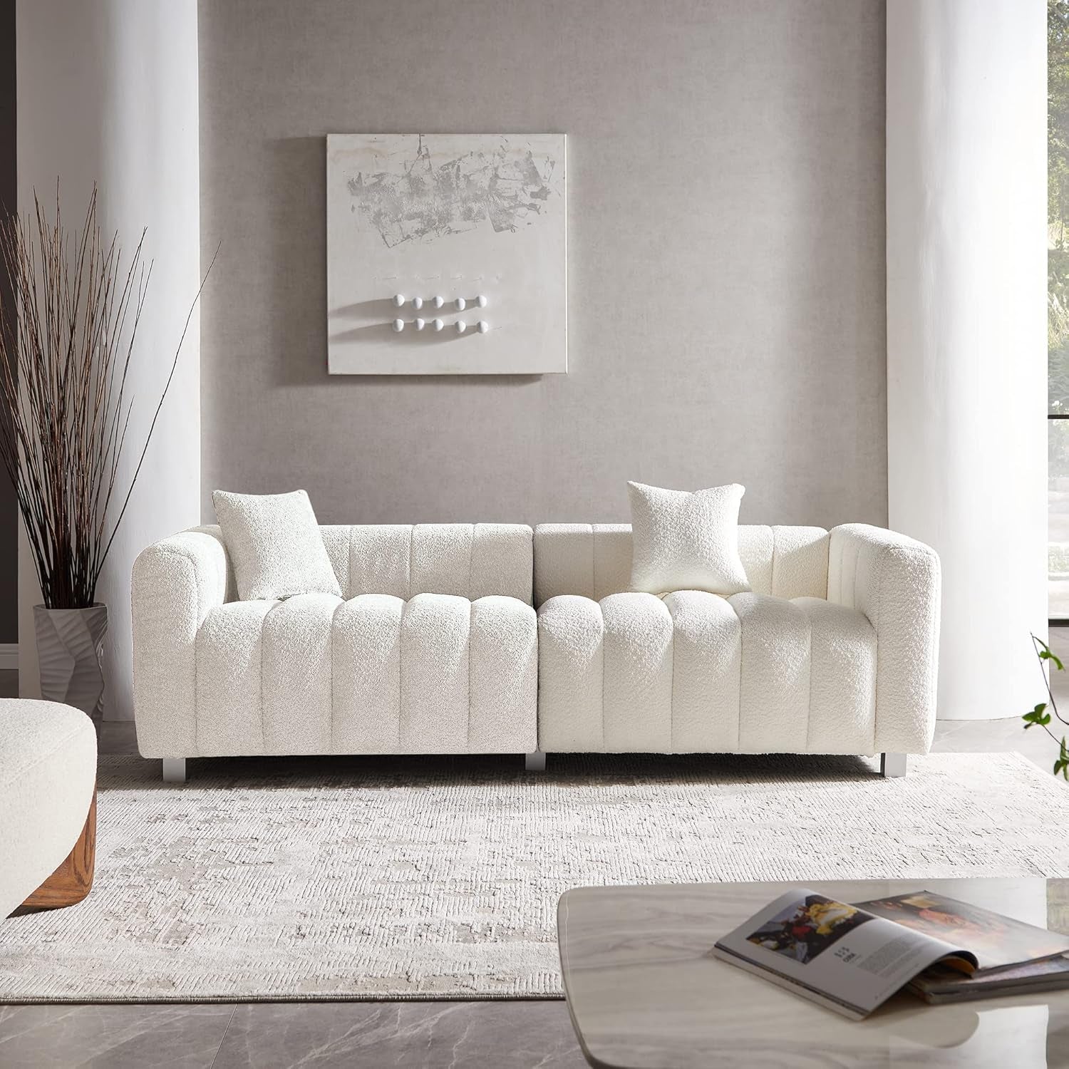 Stylish 87.4" Modern 3-Seater Boucle Sofa - Mid Century Fluffy Couch with Solid Wood Frame, 750 LBS Capacity - Perfect for Living Room, Bedroom, or Apartment (White)
