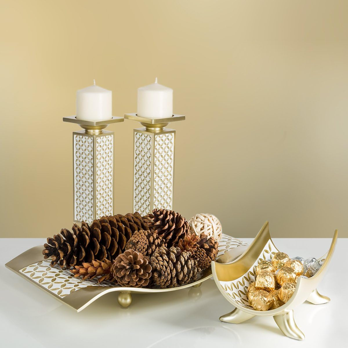 Schonwerk Diamond Lattice Pillar Candle Holders - Set of 2 Elegant Centerpiece Decorations for Dining and Living Rooms