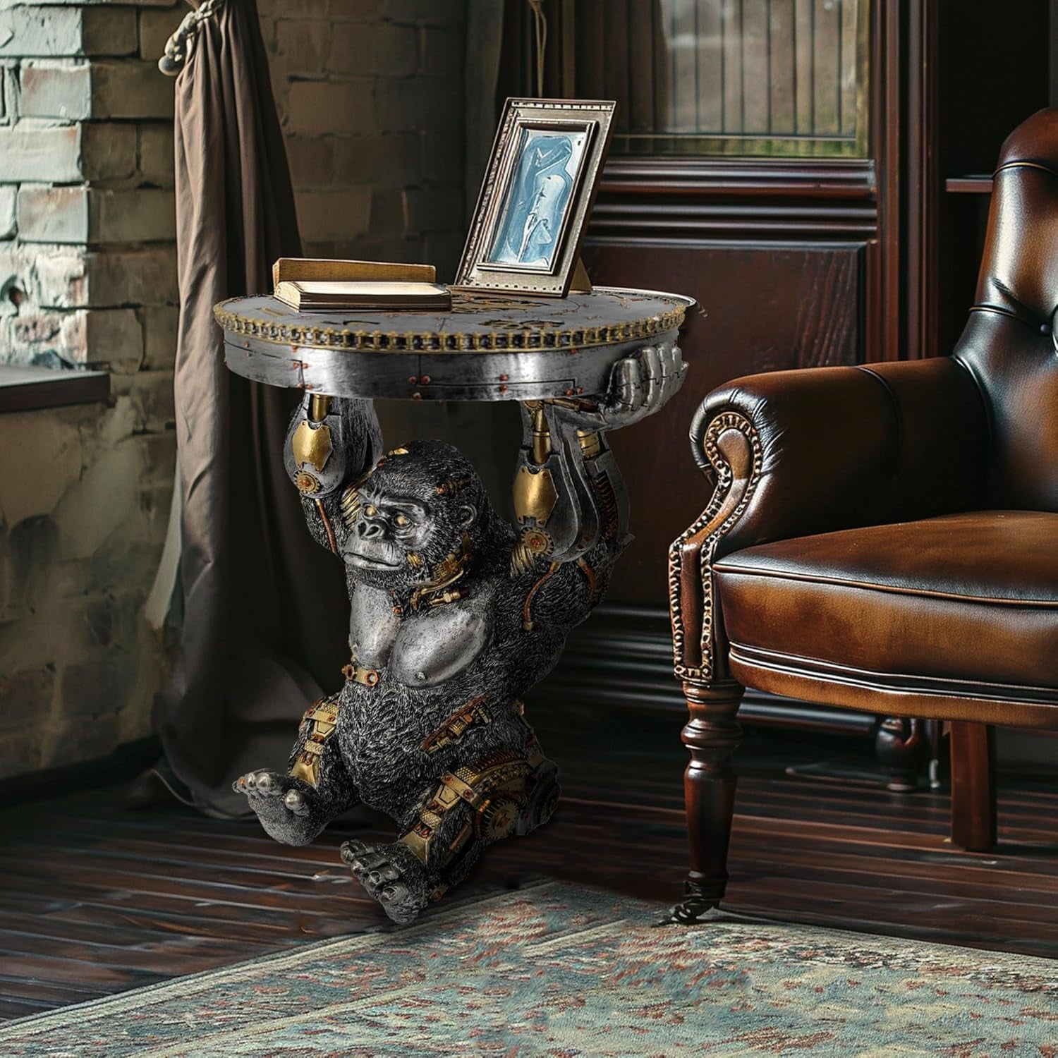 Steampunk Gorilla Side Table: Hand-Painted Resin Cyborg Monkey Sculpture with Gear Accents for Home and Man Cave Decor - Silver Finish