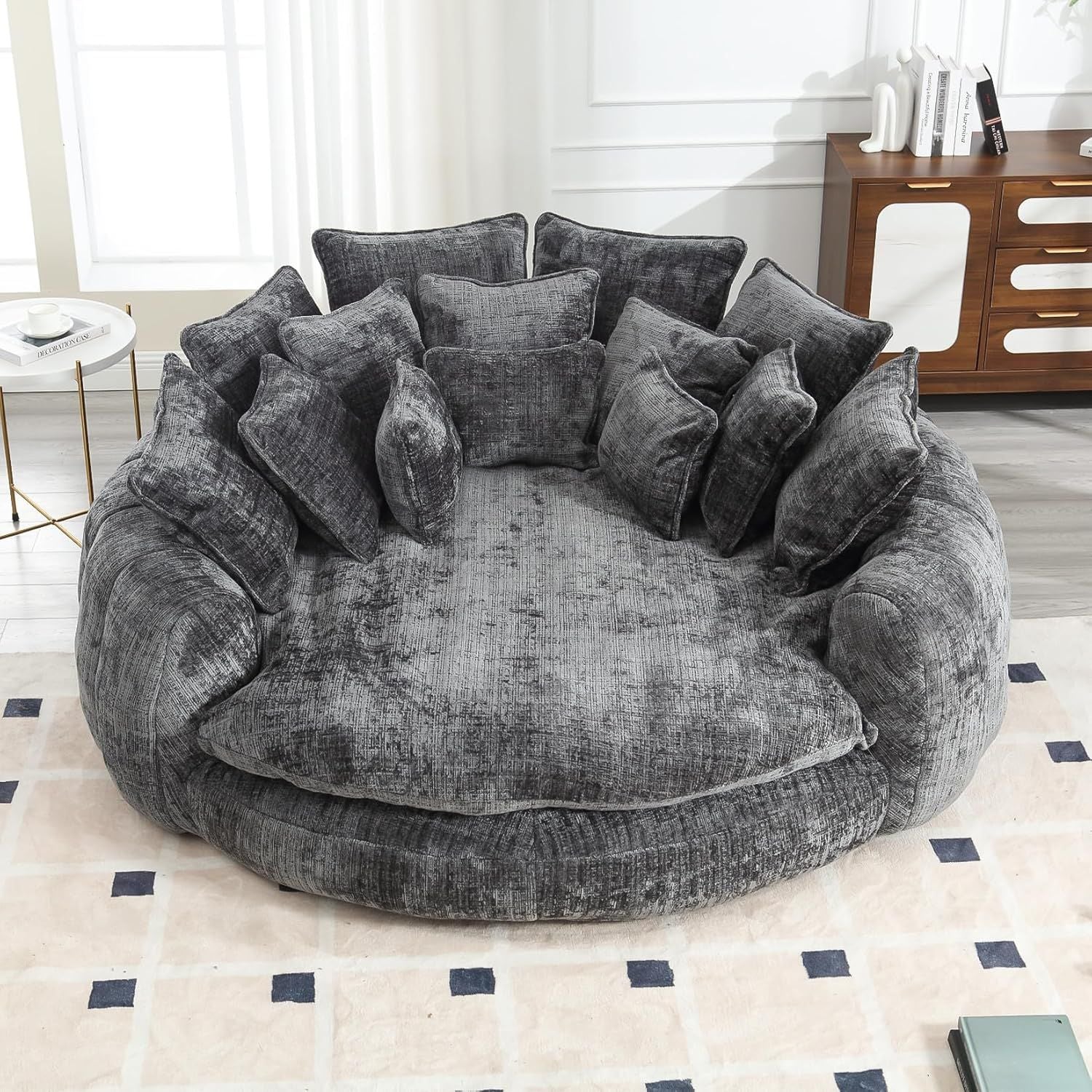 Luxurious 81.1' Oversized Round Chaise Lounge Chair | Extra Wide Indoor Sofa Bed with 14 Plush Pillows – Comfy Cloud Reading Couch & Fluffy Sleeper Sofa
