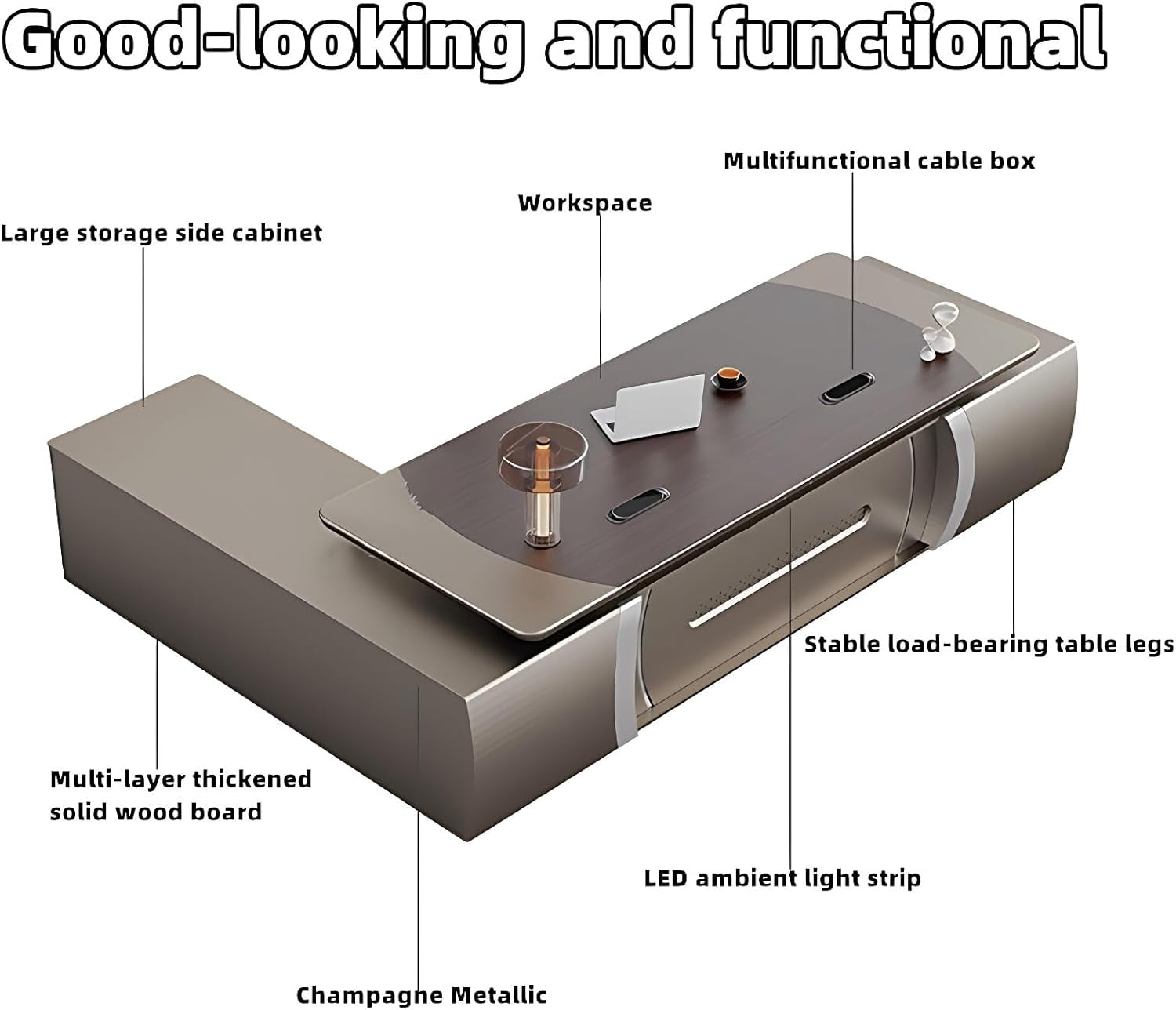 Luxury L-Shaped Executive Desk - Solid Wood Home Office with Multifunctional Cable Box & Drawers, No Installation Needed (Brown, 141.7")