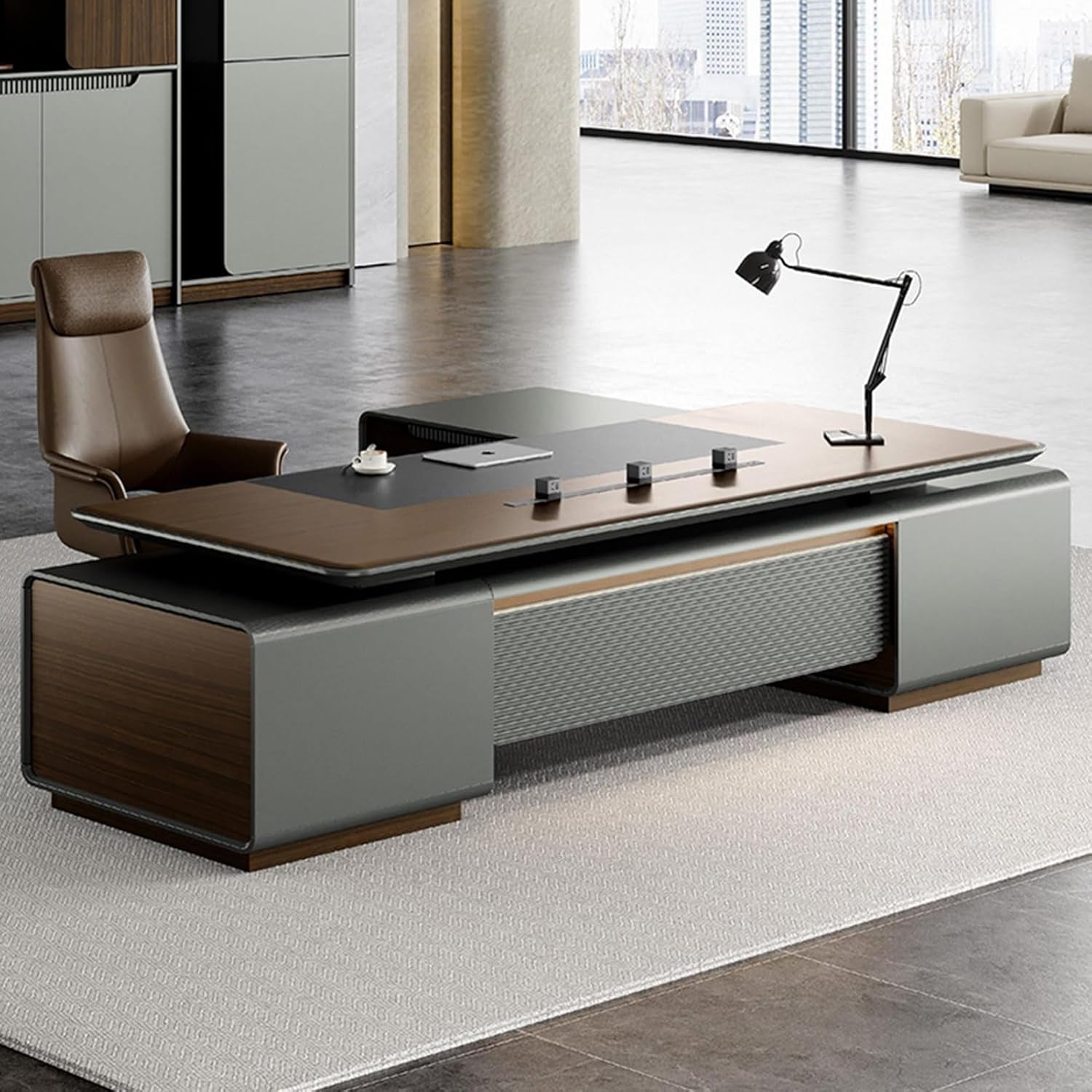 Stylish Brown L Shaped Executive Office Desk with Lateral Cabinet - Perfect for Home Office & Business Needs