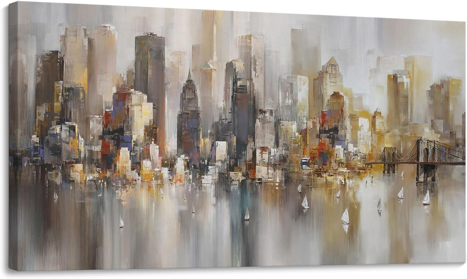 Stunning New York City Wall Art - Modern Abstract Paintings for Living Room, Office & Bedroom - Brooklyn Bridge & Chicago Cityscape Decor 24"x48