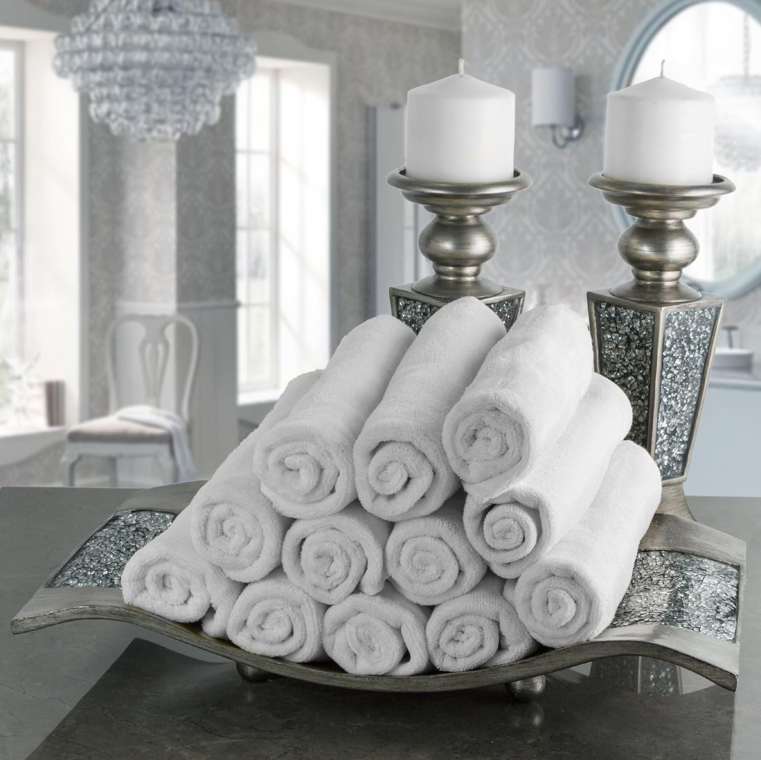 Schonwerk Silver Pillar Candle Holder Set of 2 - Crackled Mosaic Design - Elegant Centerpiece for Living and Dining Rooms - Ideal Coffee Table Decoration and Gift