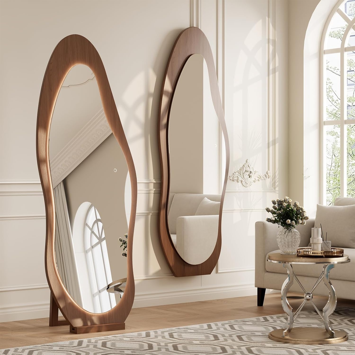 Stylish 69" X 24" Wavy LED Full Length Mirror - Shatter-Proof Design for Bedroom, Living Room, or Cloakroom in Elegant Walnut Finish