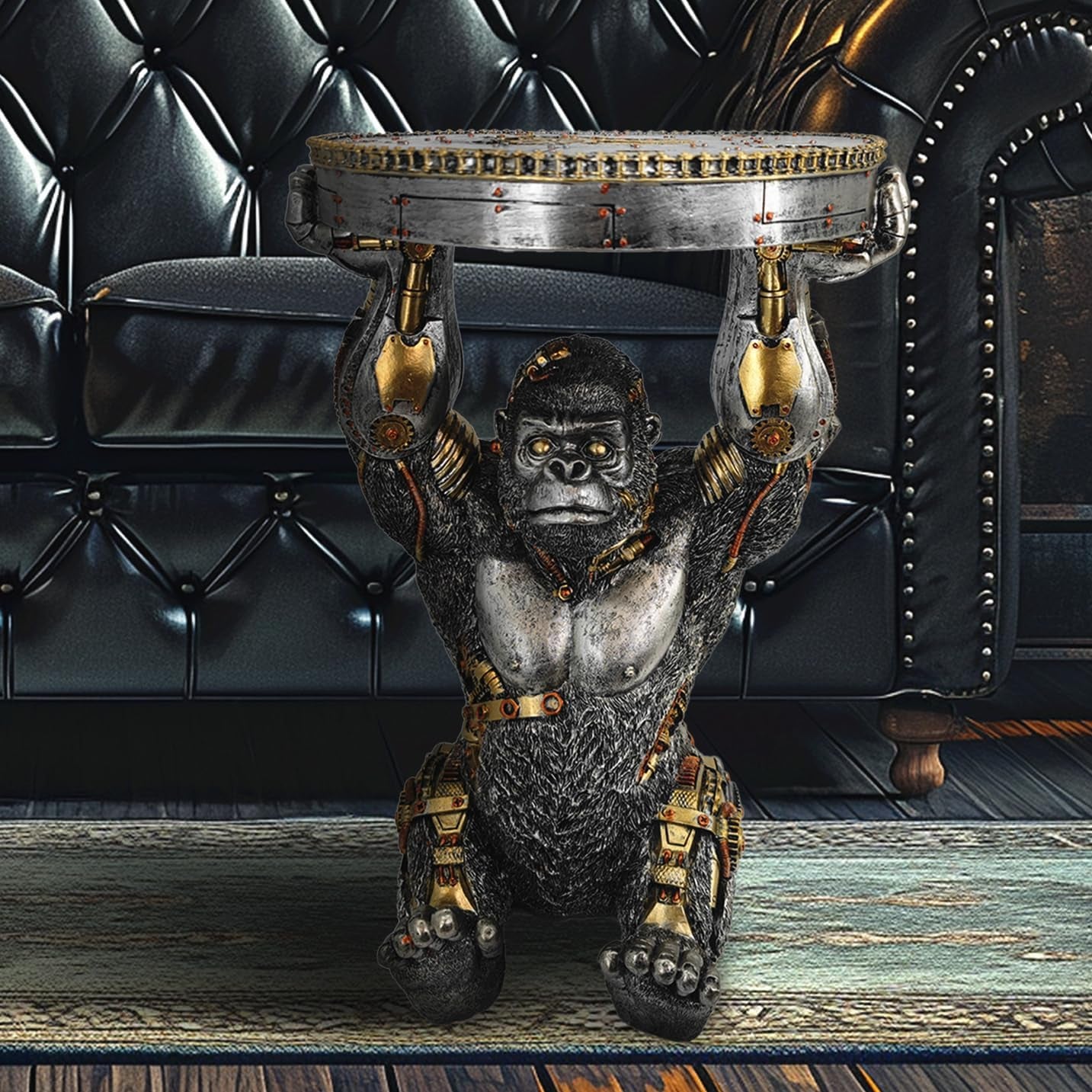 Steampunk Gorilla Side Table: Hand-Painted Resin Cyborg Monkey Sculpture with Gear Accents for Home and Man Cave Decor - Silver Finish