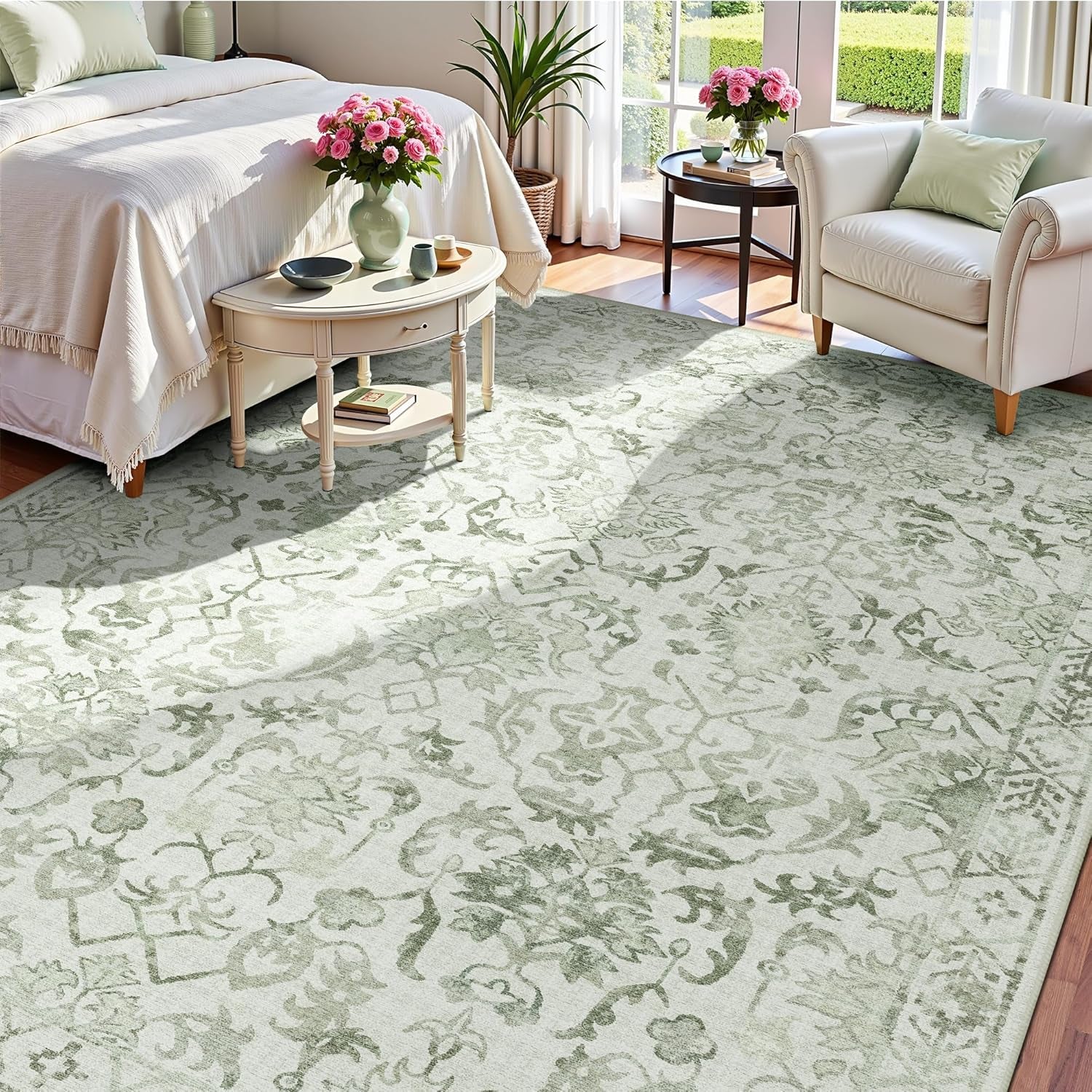 Elegant Sage Green 9x12 Washable Area Rug - Soft, Anti-Slip Low-Pile Design for Living Room, Dining Room & Bedroom - Perfect Farmhouse Home Decor Accent