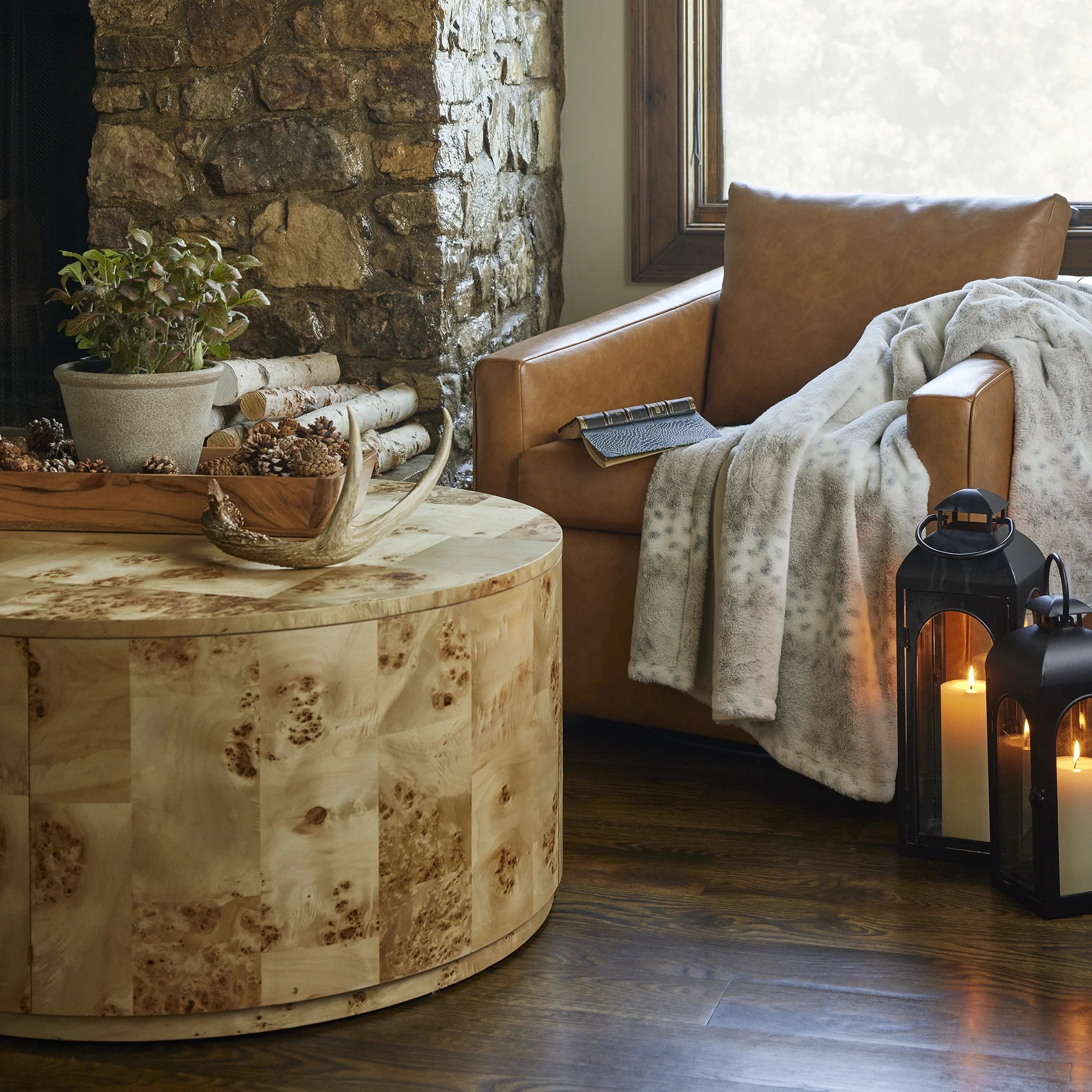 Elegant Burlwood Round Coffee Table with Light Veneer Finish