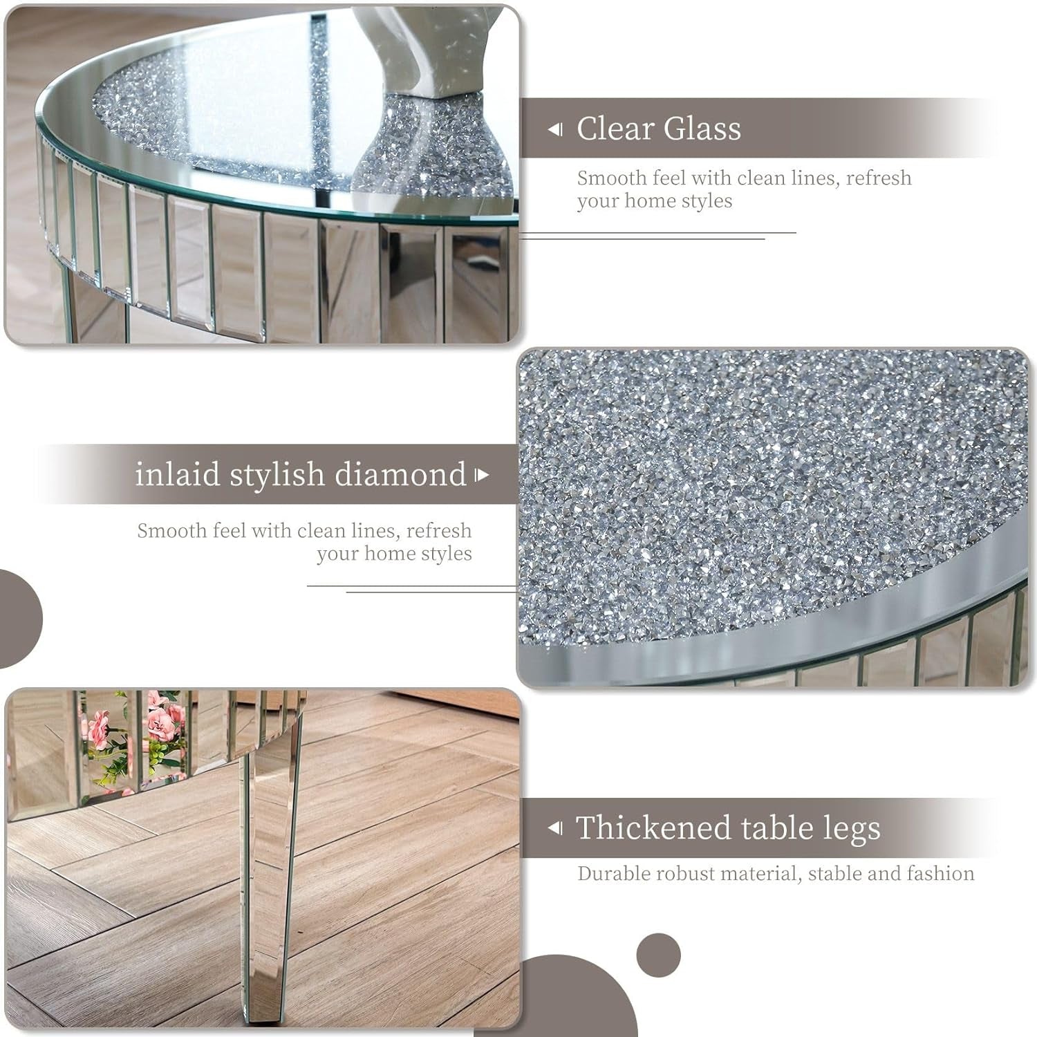 Stunning 31.5" Round Mirrored Coffee Table with Crushed Diamond Top and Silver Crystal Edge - Luxurious Modern Home Decor for Your Living Room