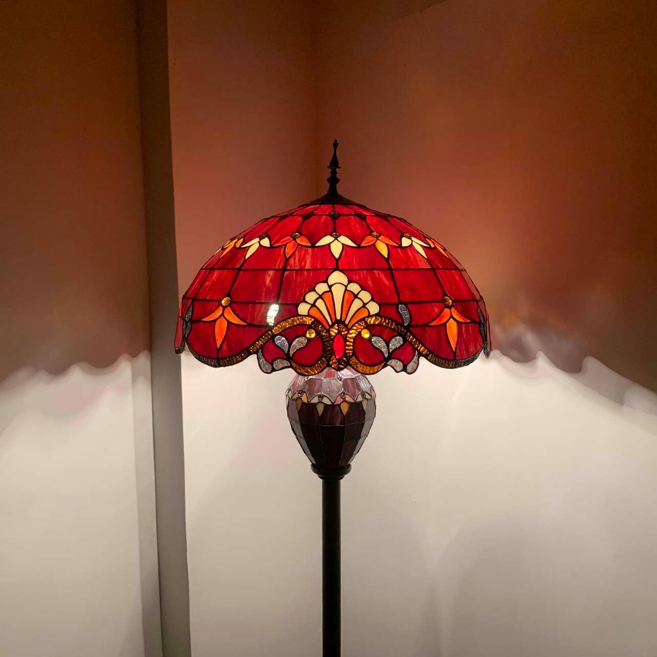 Stunning 64-Inch Baroque Tiffany Style Stained Glass Double Lit Floor Lamp - Elegant Home Decor in Red