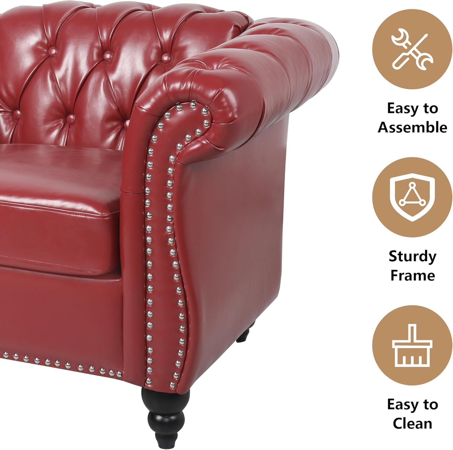 Stylish Chesterfield 3-Seater Leather Sofa with Rolled Arms and Nailhead Accents - Perfect for Living Room, Bedroom, or Office in Elegant Claret