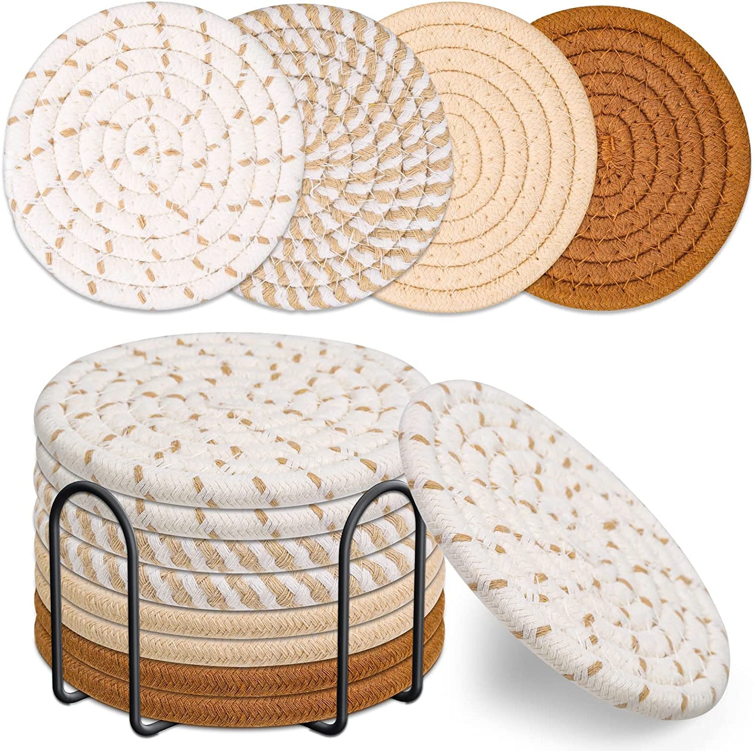 Stylish Absorbent Coasters Set of 8 - Minimalist Cotton Woven Drink Coasters in 4 Colors for Fall Home Decor - Perfect for Living Room - 4.3 Inches