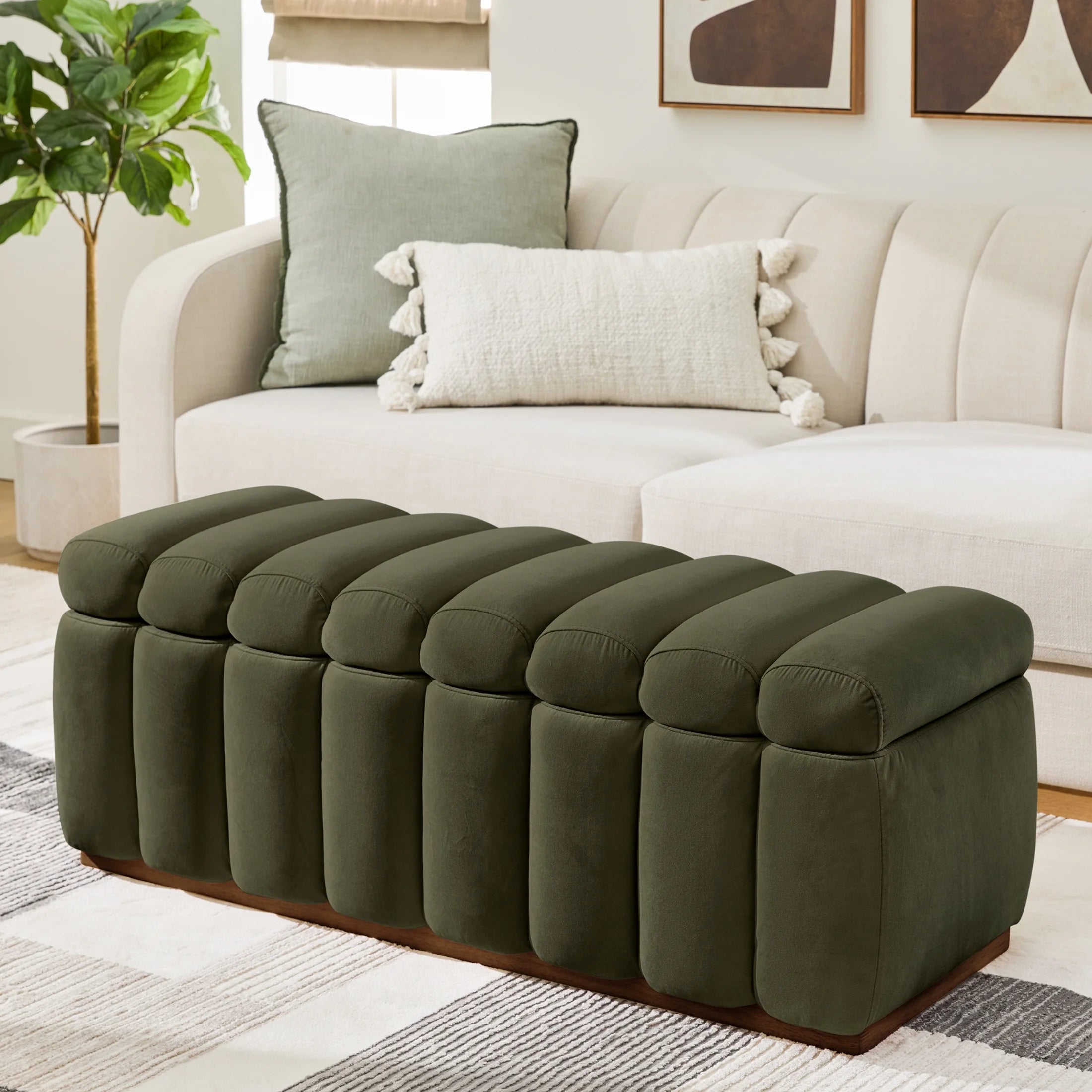 Lillian 47.24" Olive Velvet Channel Tufted Bench - Stylish and Elegant Accent Piece