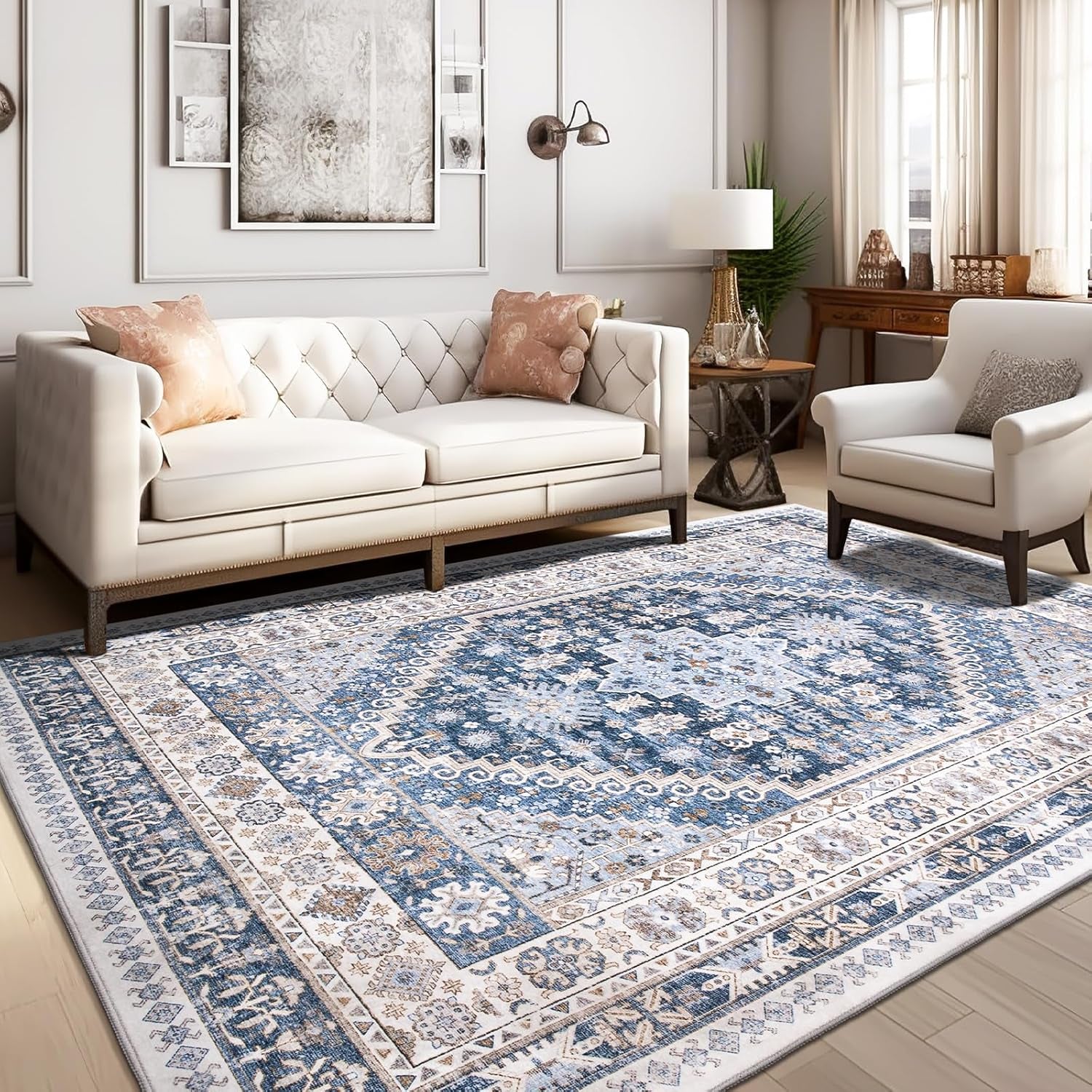 Luxurious 10X14 Stain-Resistant Washable Area Rug - Non-Slip Ultra-Thin Design for Living Room & Bedroom Decor (Blue/Beige)