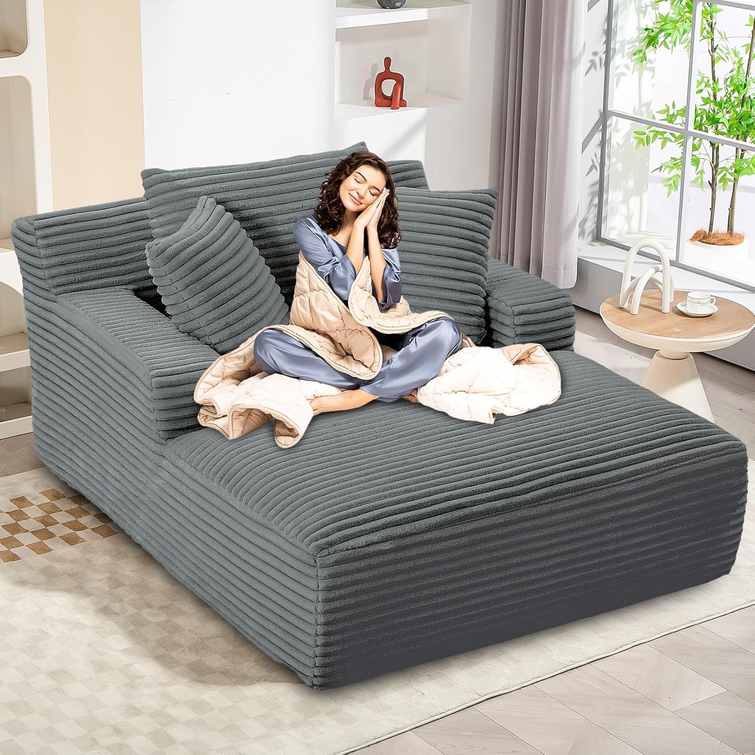 Luxurious Oversized Corduroy Chaise Lounge Chair with 3 Plush Pillows - Comfy Sleeper Sofa & Recliner for Ultimate Relaxation