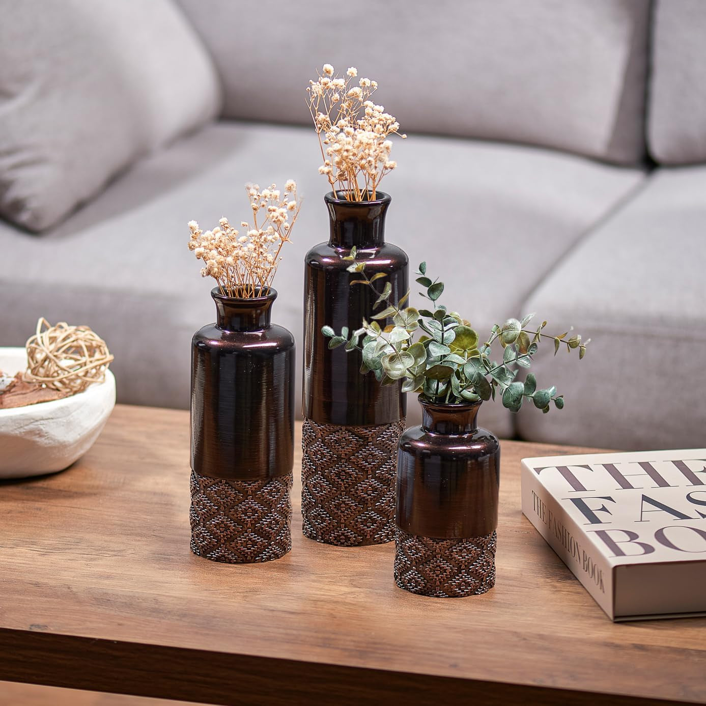 Dublin Brown Vase Set - Three Elegant Table Centerpieces for Home and Office Décor
