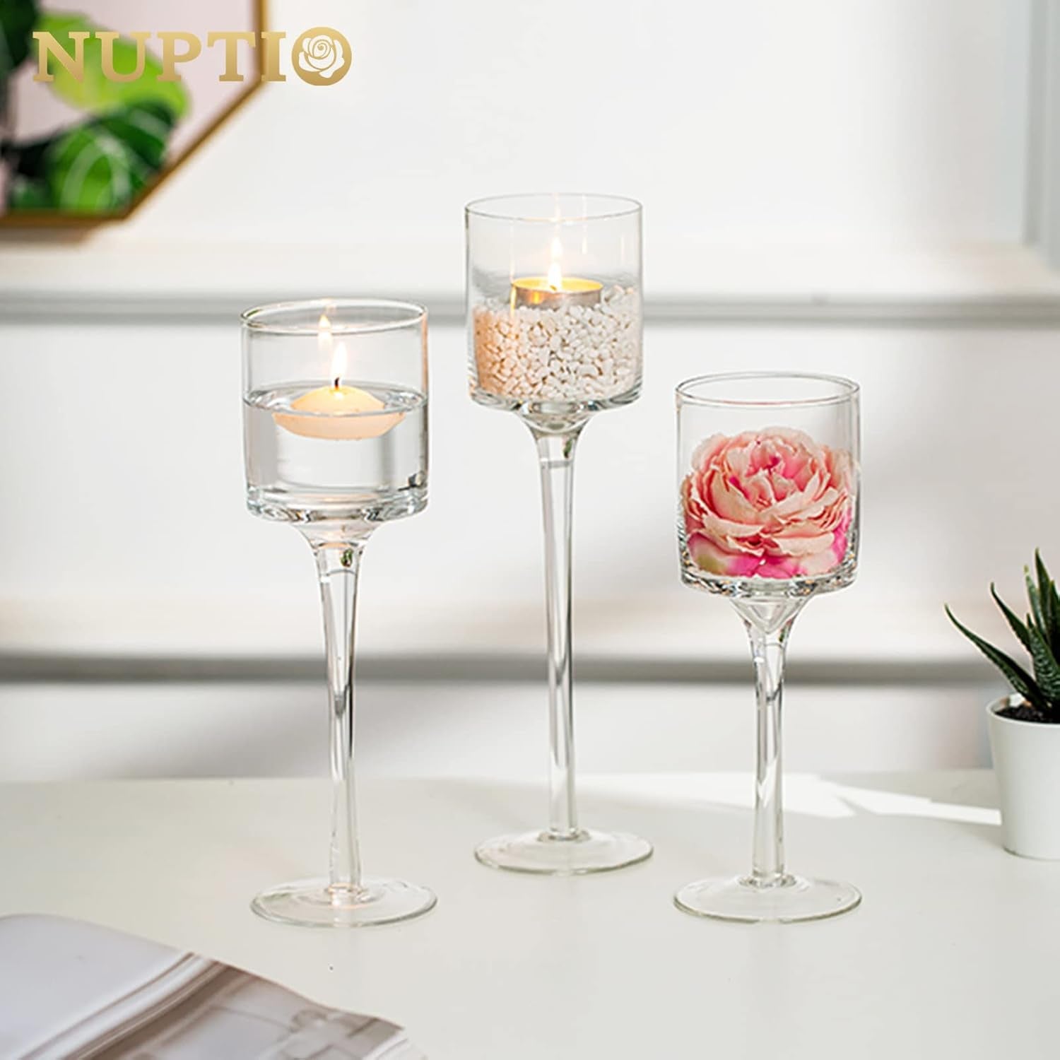 Elegant Tall Glass Pillar Candle Holders with 30 Tea Light Candles - Perfect for Wedding & Home Centerpiece Decor