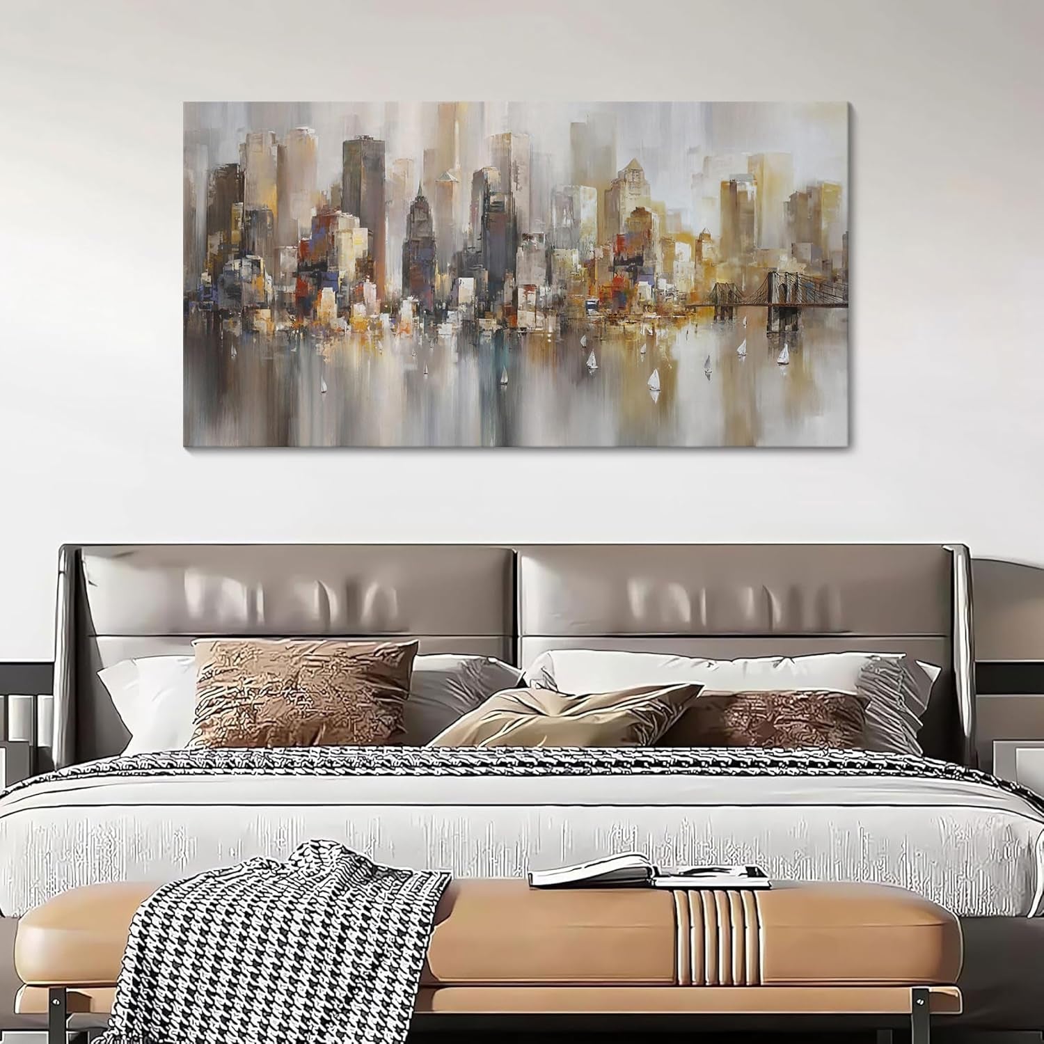 Stunning New York City Wall Art - Modern Abstract Paintings for Living Room, Office & Bedroom - Brooklyn Bridge & Chicago Cityscape Decor 24"x48