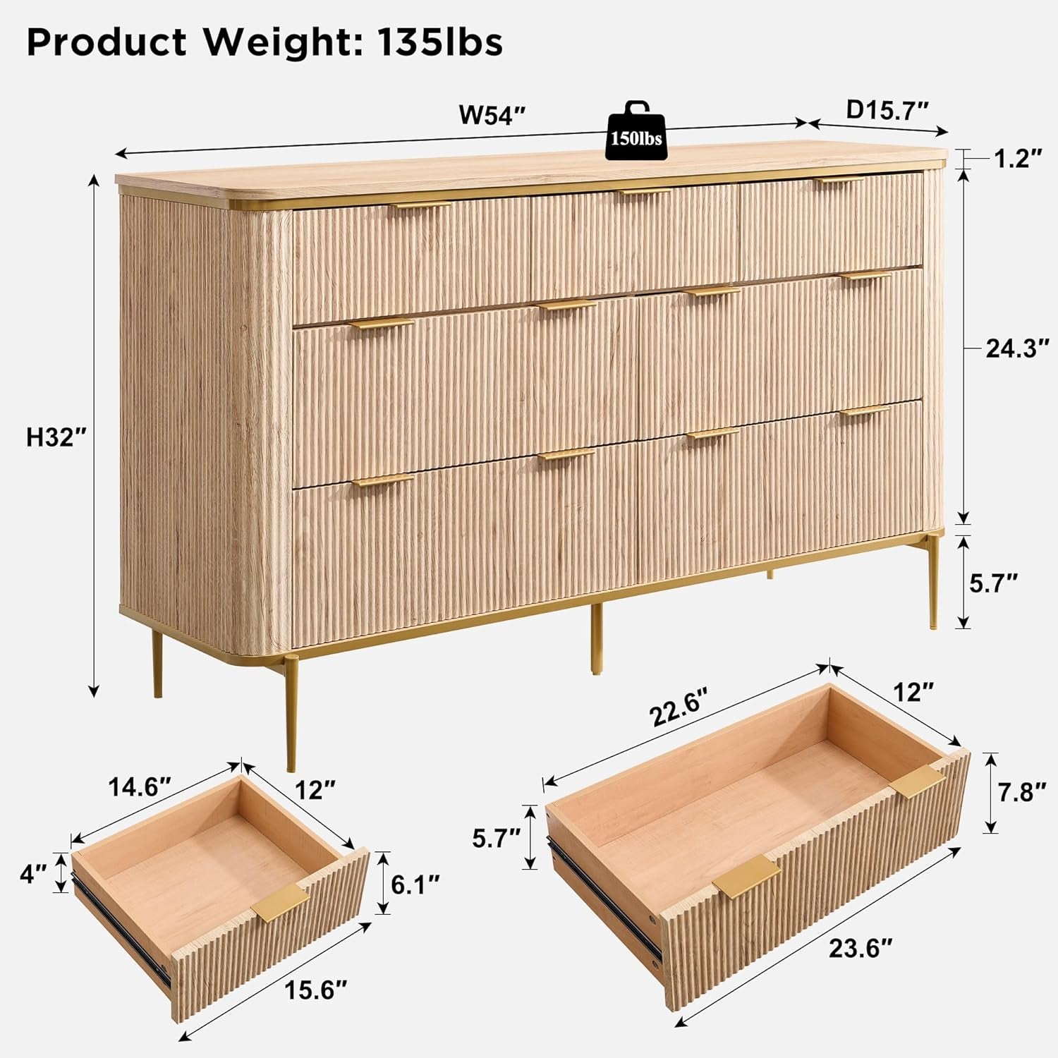 Elegant 7-Drawer Dresser with Fluted Design and Gold Accents in Natural Oak