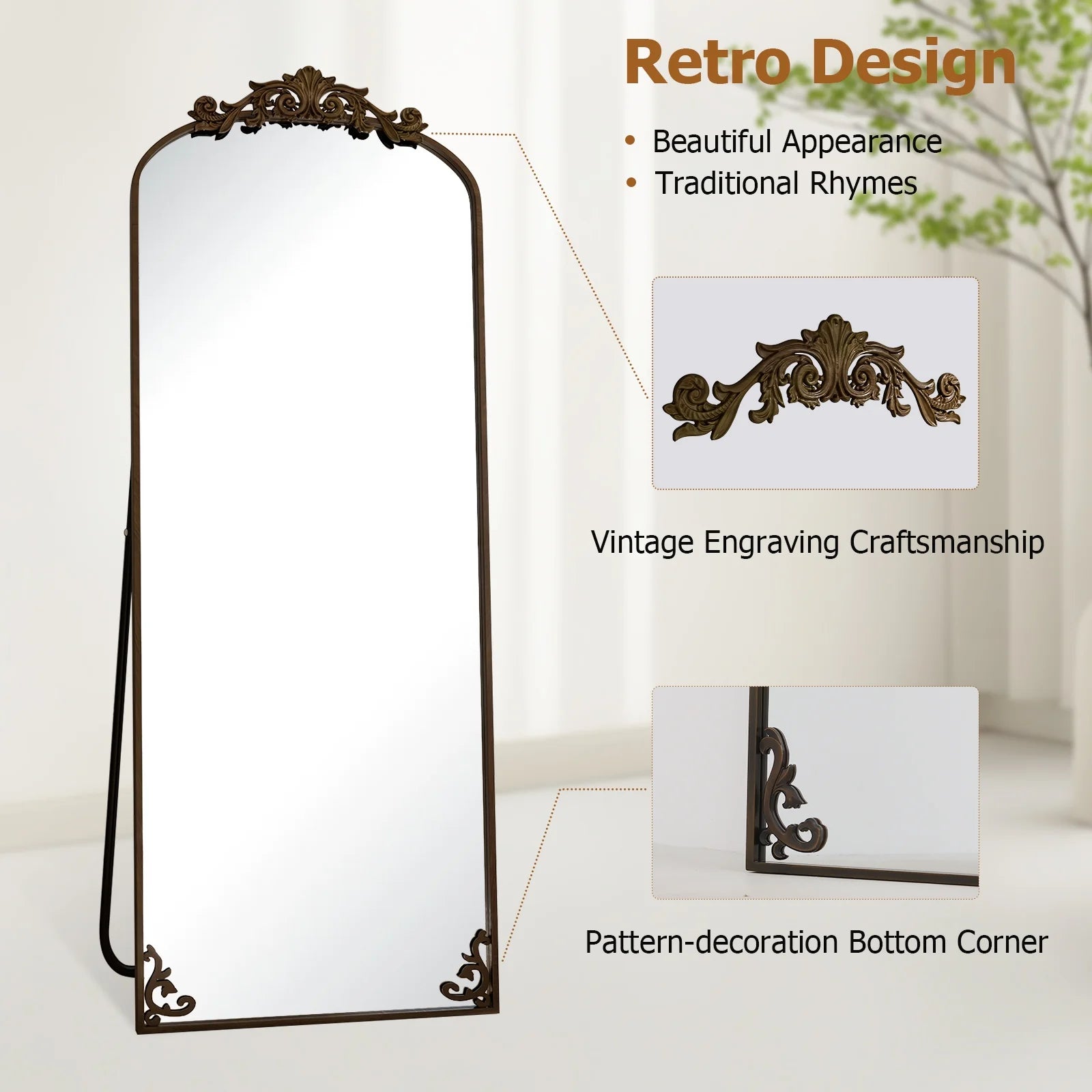 Stunning 66"X21" Arched Full Length Vintage Mirror - Antique Bronze Baroque Style