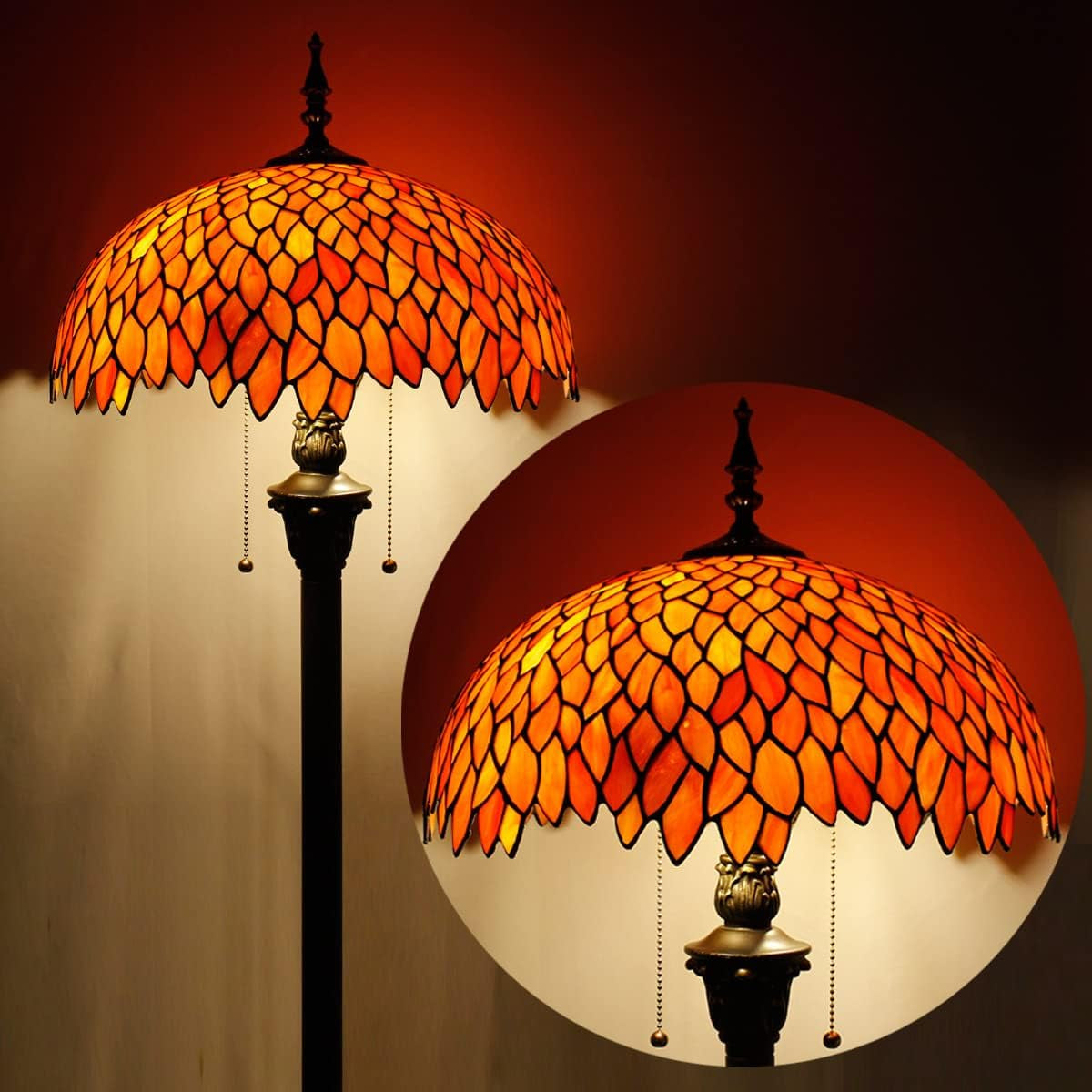 Elegant Tiffany Floor Lamp with Red Orange Wisteria Stained Glass - Antique Style Standing Light for Bedroom, Living Room, and Home Office - 64 Inches Tall