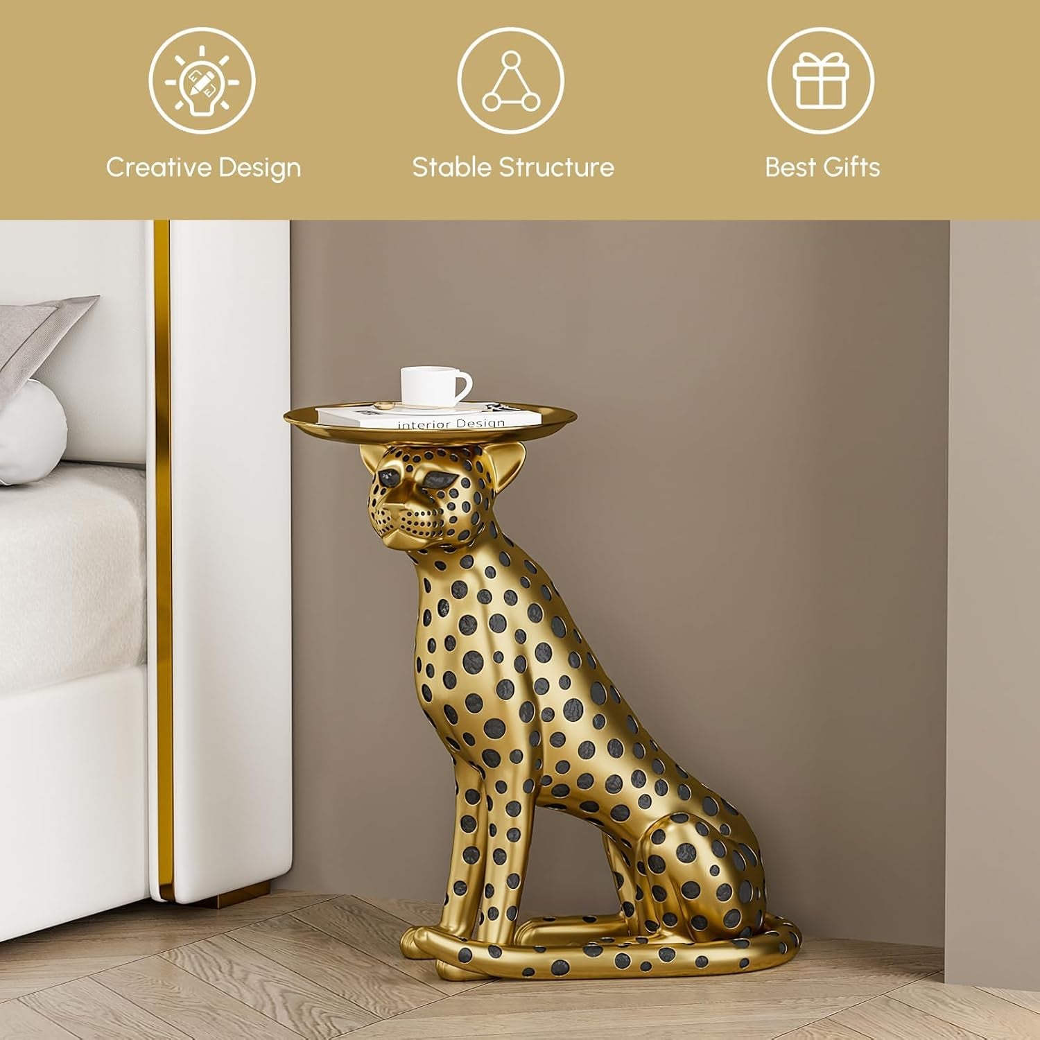 Elegant Animal-Themed Side Table with Tray Top – Gold Leopard Statue Panther Figurine End Table Decor for Home and Gifting