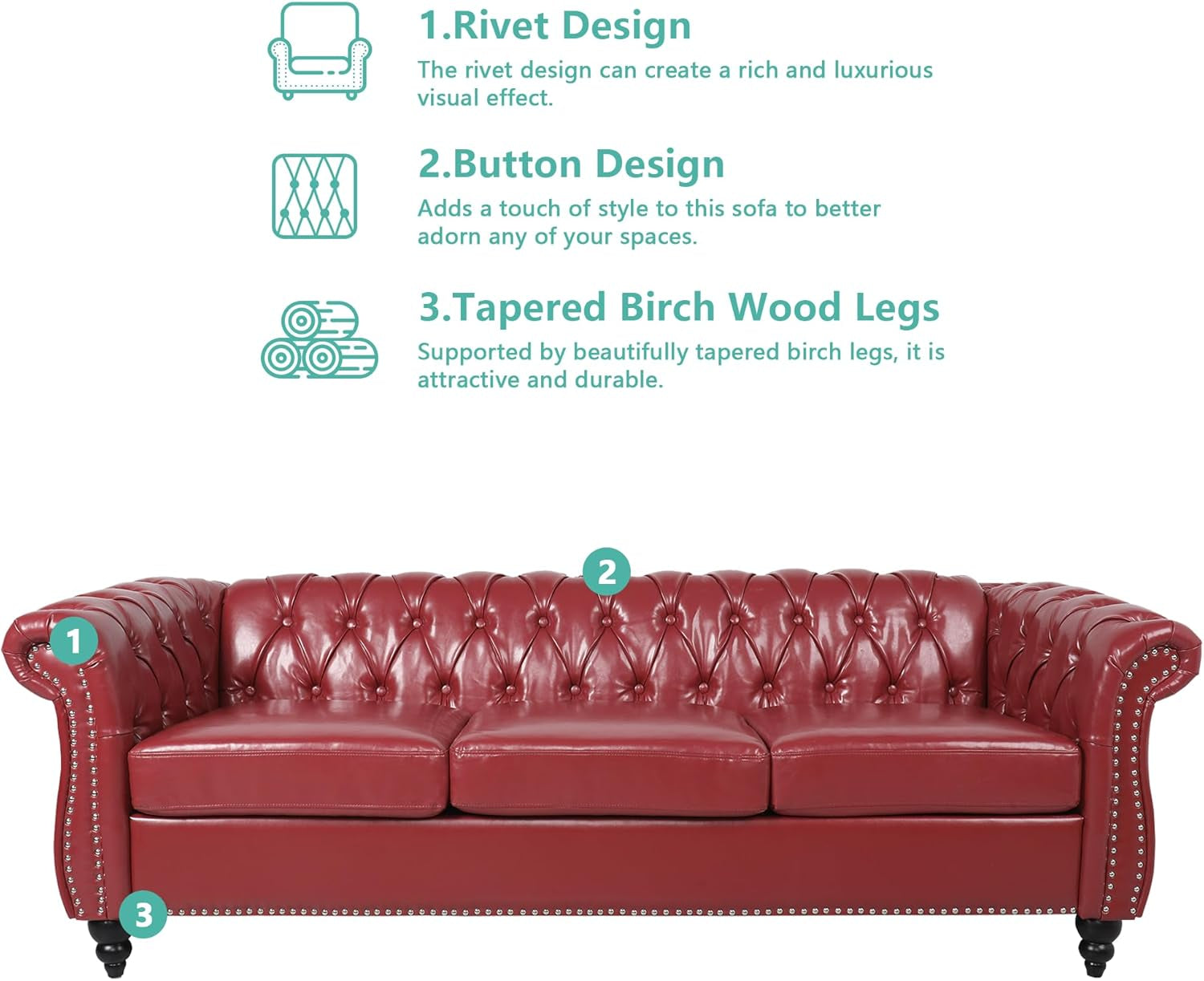 Stylish Chesterfield 3-Seater Leather Sofa with Rolled Arms and Nailhead Accents - Perfect for Living Room, Bedroom, or Office in Elegant Claret