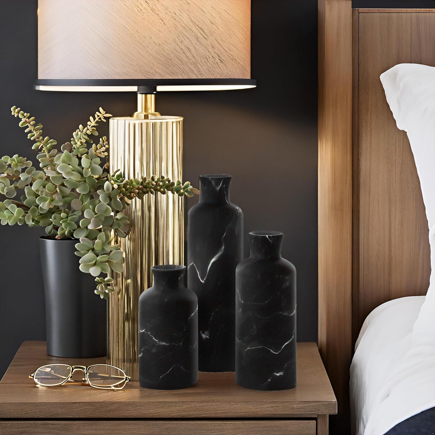 Premium Black Marble Effect Vase Set - Elegant Home Decor for Pampas Grass and Floral Arrangements, Ideal for Kitchen, Bedroom, Office, Living Room, and Shelf Display