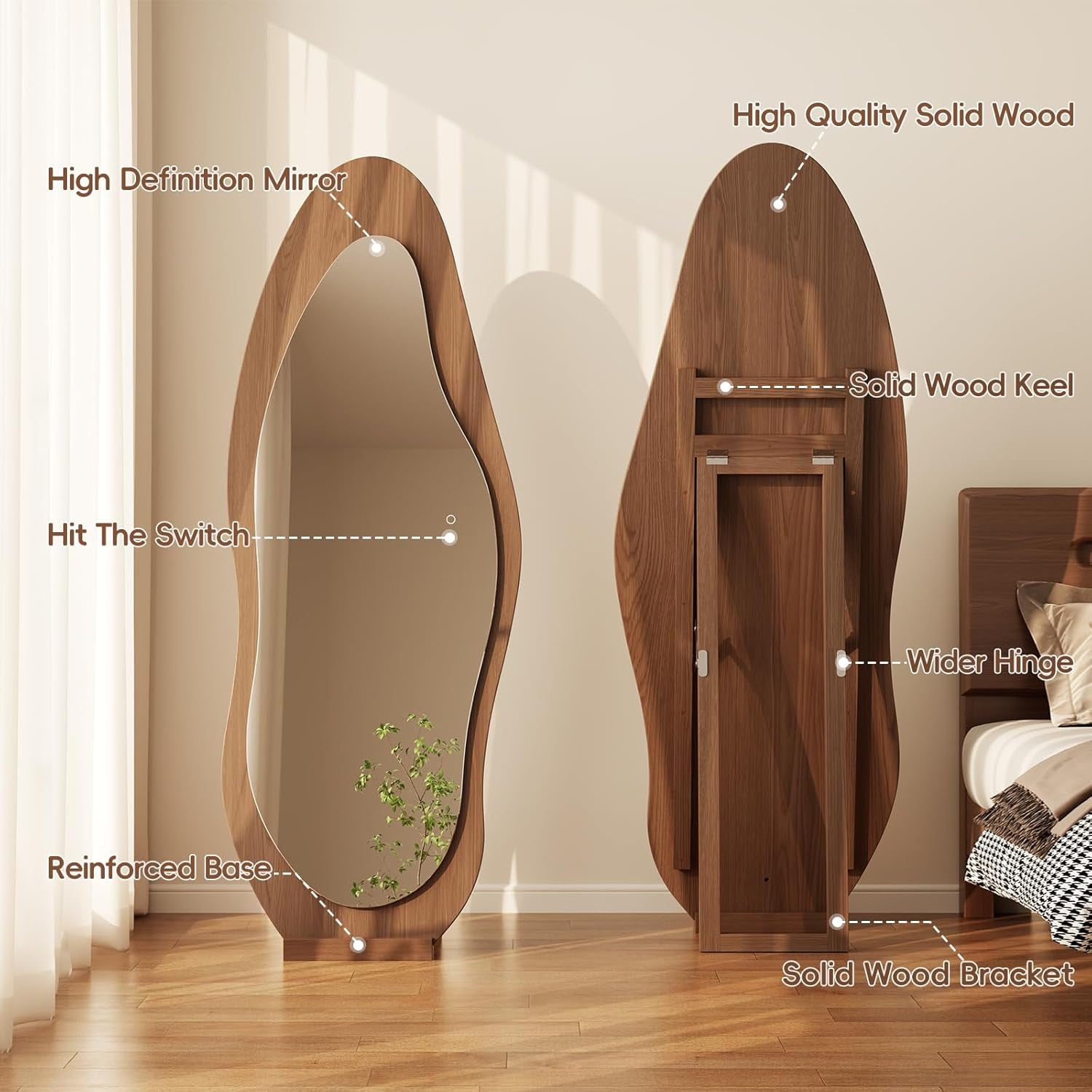 Stylish 69" X 24" Wavy LED Full Length Mirror - Shatter-Proof Design for Bedroom, Living Room, or Cloakroom in Elegant Walnut Finish