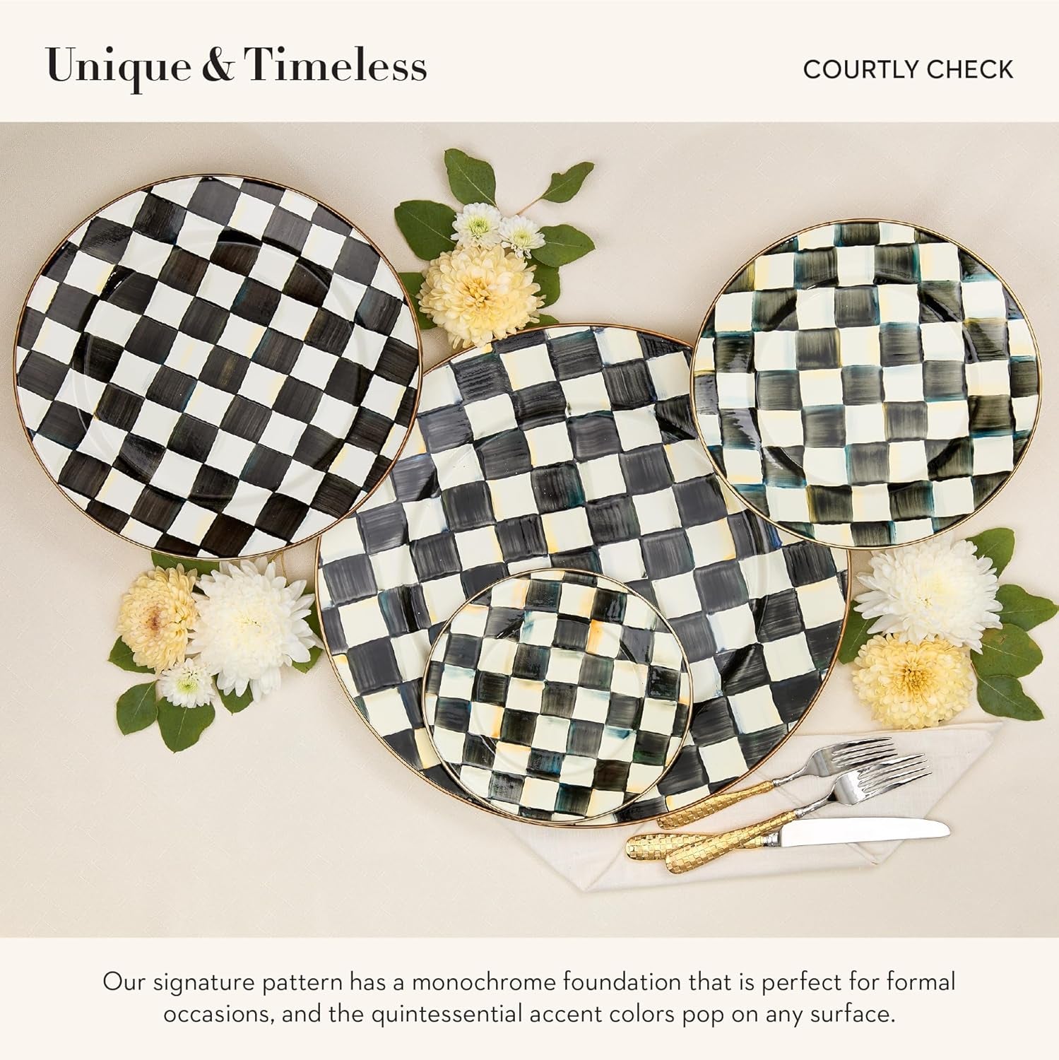 Elegant Black-and-White Courtly Check Enamel Charger Plates - Set of 4, 12 Inches - Perfect for Dinner Parties and Home Decor