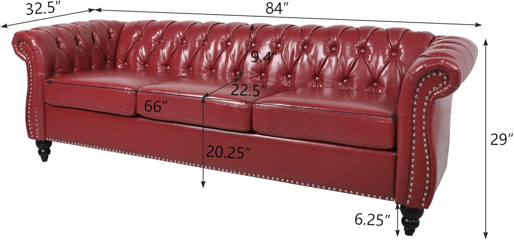 Stylish Chesterfield 3-Seater Leather Sofa with Rolled Arms and Nailhead Accents - Perfect for Living Room, Bedroom, or Office in Elegant Claret