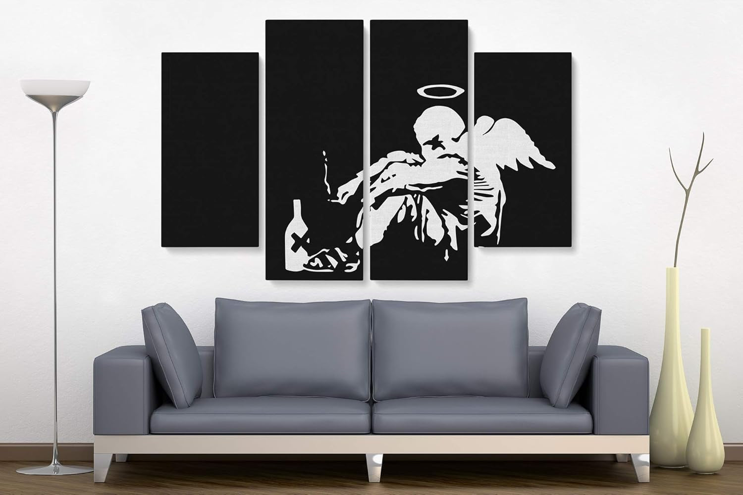 Banksy "Fallen Angel" Graffiti Canvas Art - Modern Black Framed Wall Decor in Various Sizes (45" x 30")
