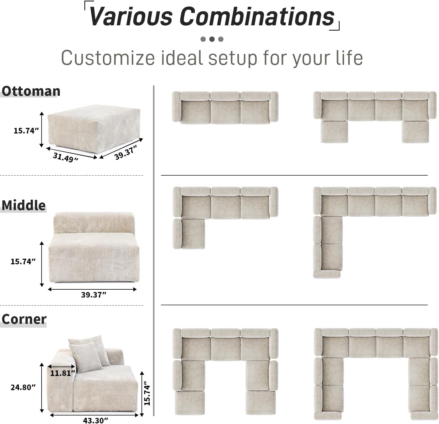 Stylish 102-Inch Cloud Couch Modular Sectional Sofa - Beige Corduroy 2-Seater with Removable & Washable Cushion Covers for Your Living Room