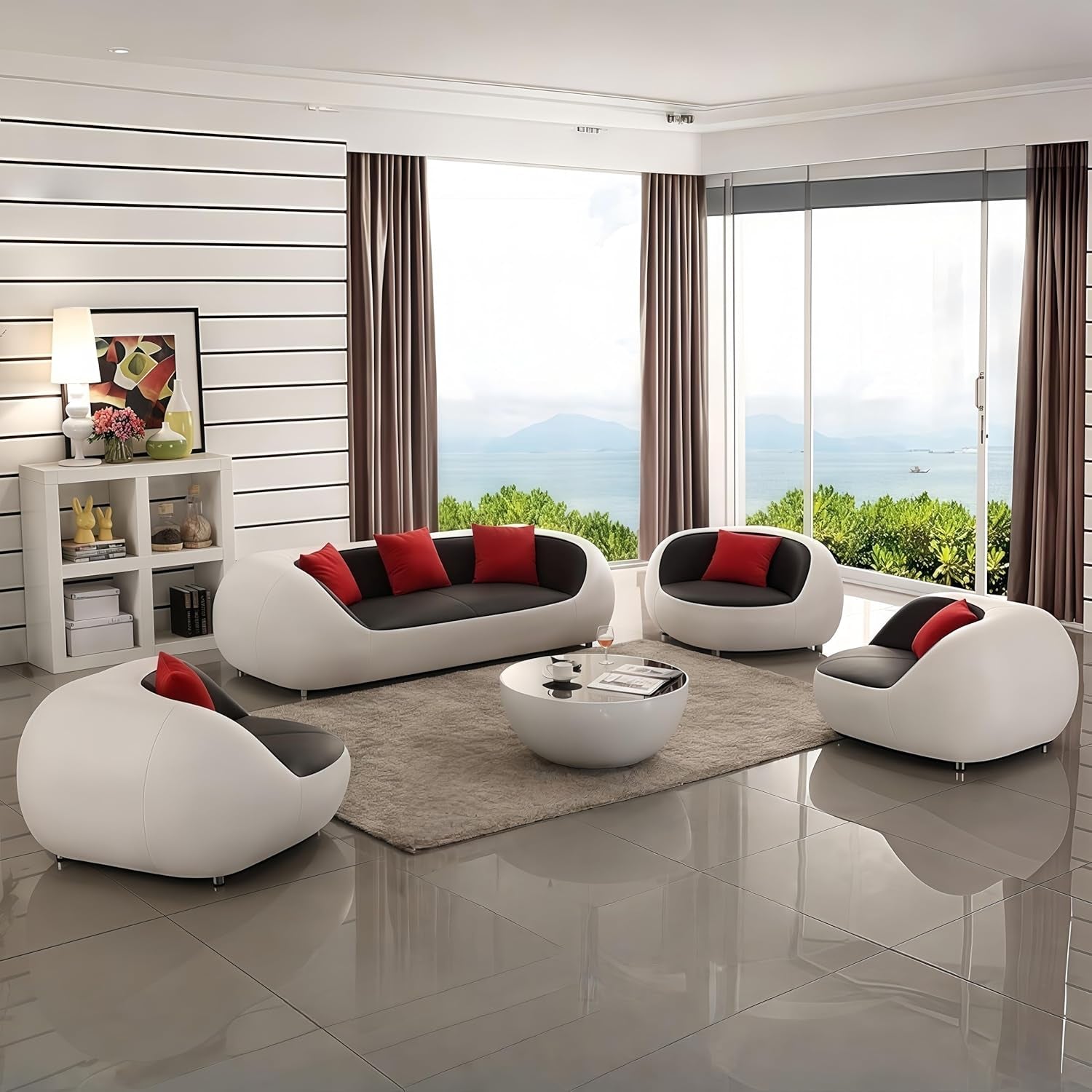 Elegant Modern Luxury Couch Set - Complete Sectional Sofa with Solid Wood Frame, Coffee Table, and 3 Chairs for Home, Office, and Lounge (82")