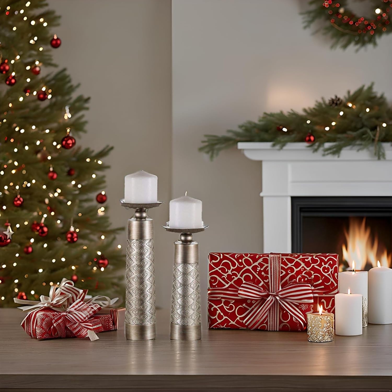 Dublin Silver Decorative Candle Holder Set (2) - Elegant Pillar Candle Stands for Home Decor, Centerpieces for Living Room or Dining Table, Gift Boxed