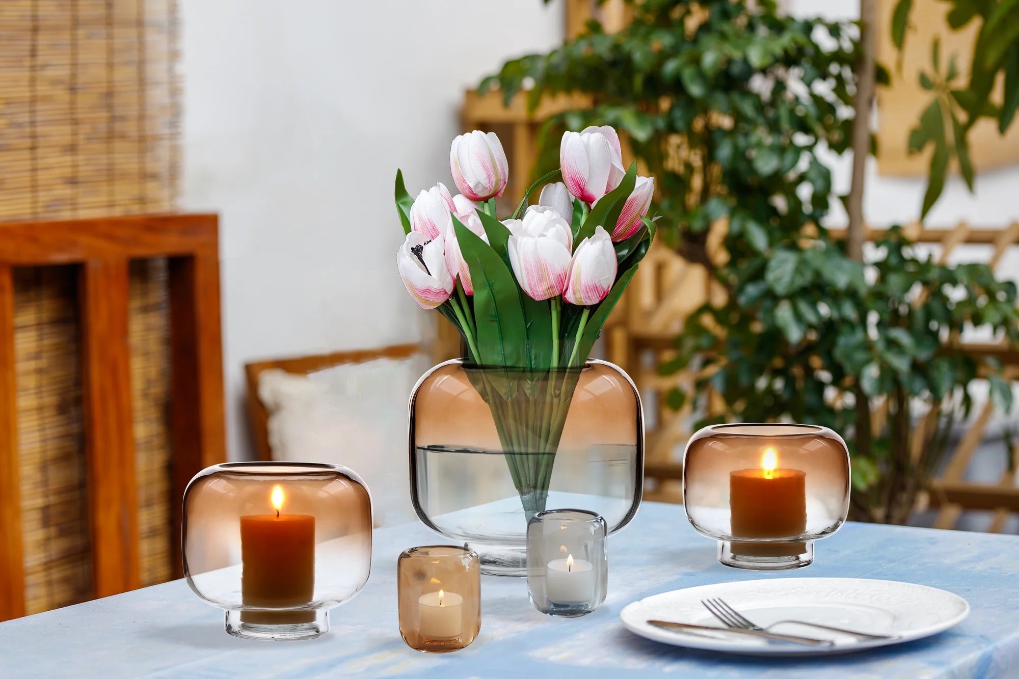 Elegant 6.5" Brown Ombre Glass Hurricane Pillar Candle Holder - Medium Size