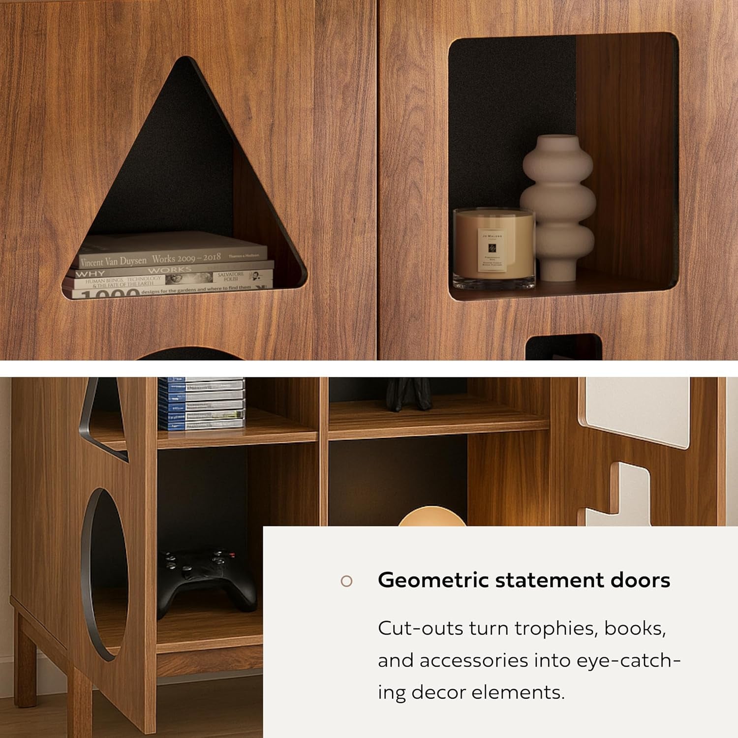 Elevate Your Space: 37'' Modern Walnut Display Cabinet with Geometric Cut-Out Doors - Perfect for Collectibles in Dining Room, Living Room, or Entryway