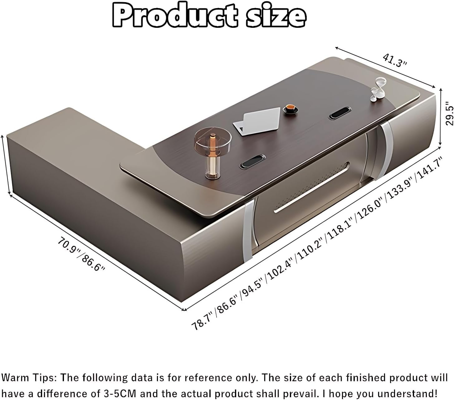Luxury L-Shaped Executive Desk - Solid Wood Home Office with Multifunctional Cable Box & Drawers, No Installation Needed (Brown, 141.7")