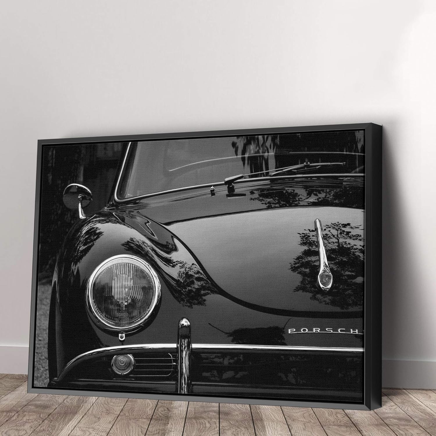 Classic Porsche Black and White Framed Canvas Art – Sleek 45"x30" Wall Décor for Car Lovers