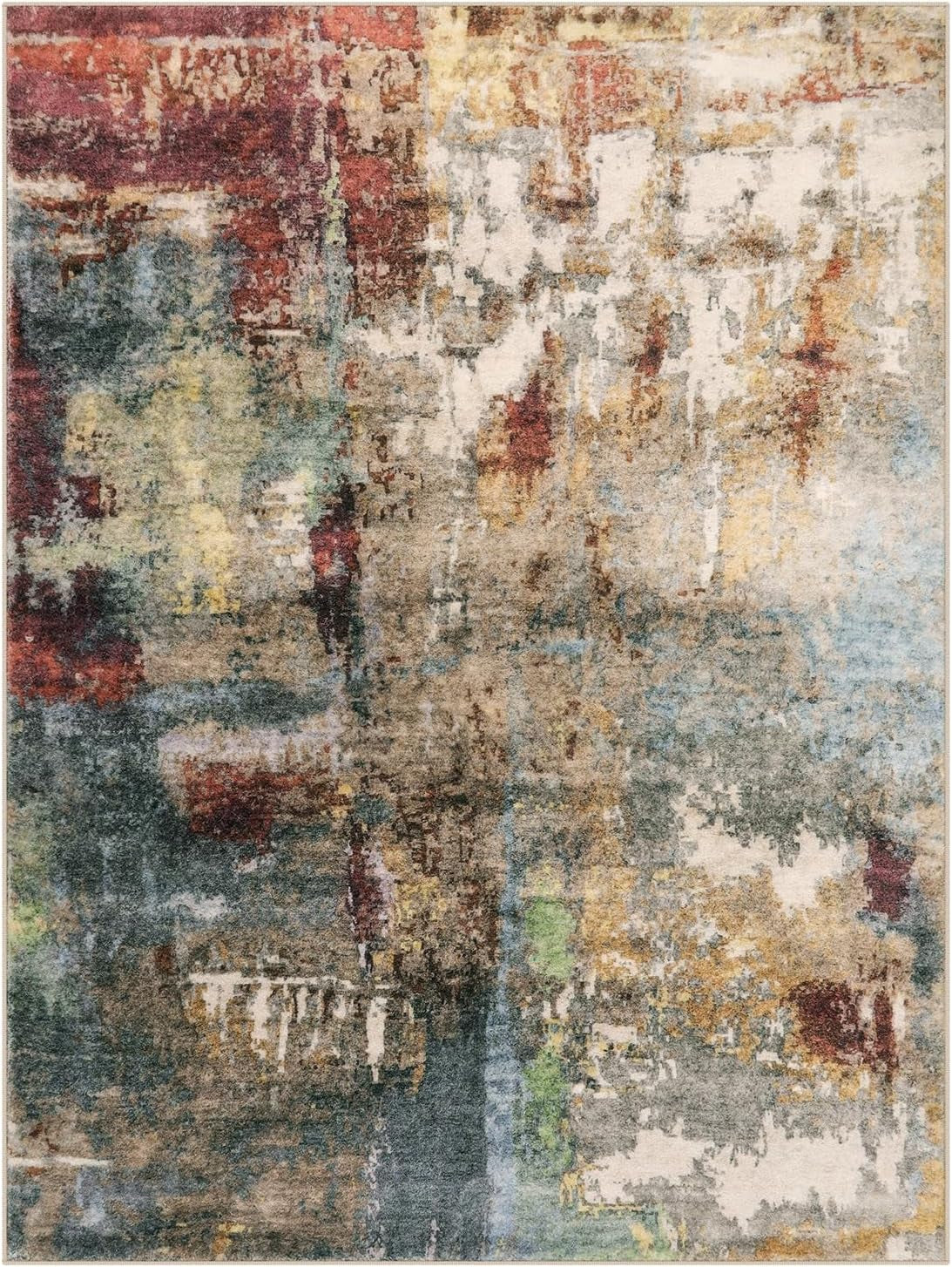 Contemporary Abstract 10x14 Area Rug for Living Room - Large Washable Low Pile Non-Slip Soft Accent Carpet for Bedroom and Dining Room Décor in Red/Multi